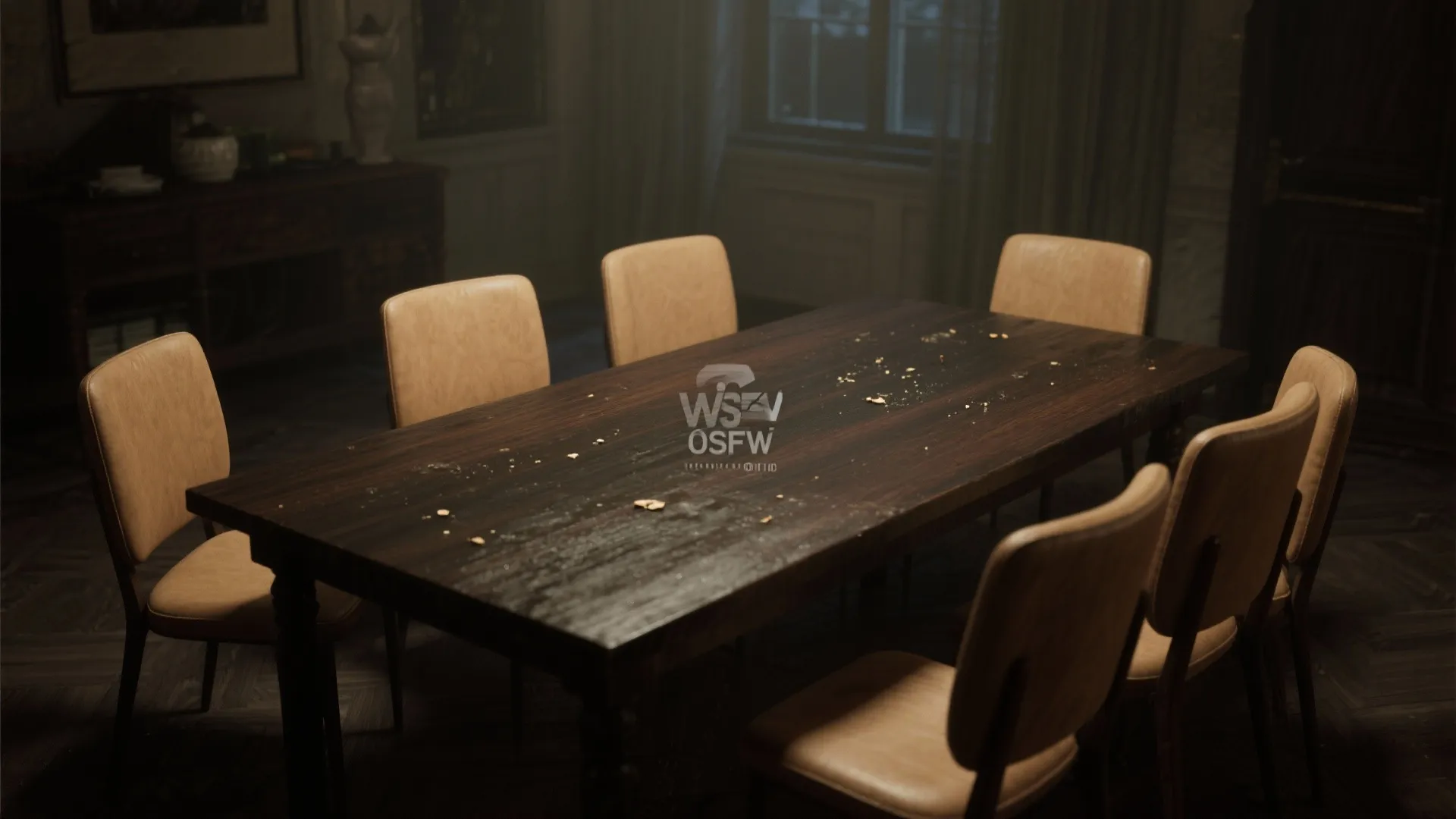 Light brown chairs standing out against a dark walnut dining table