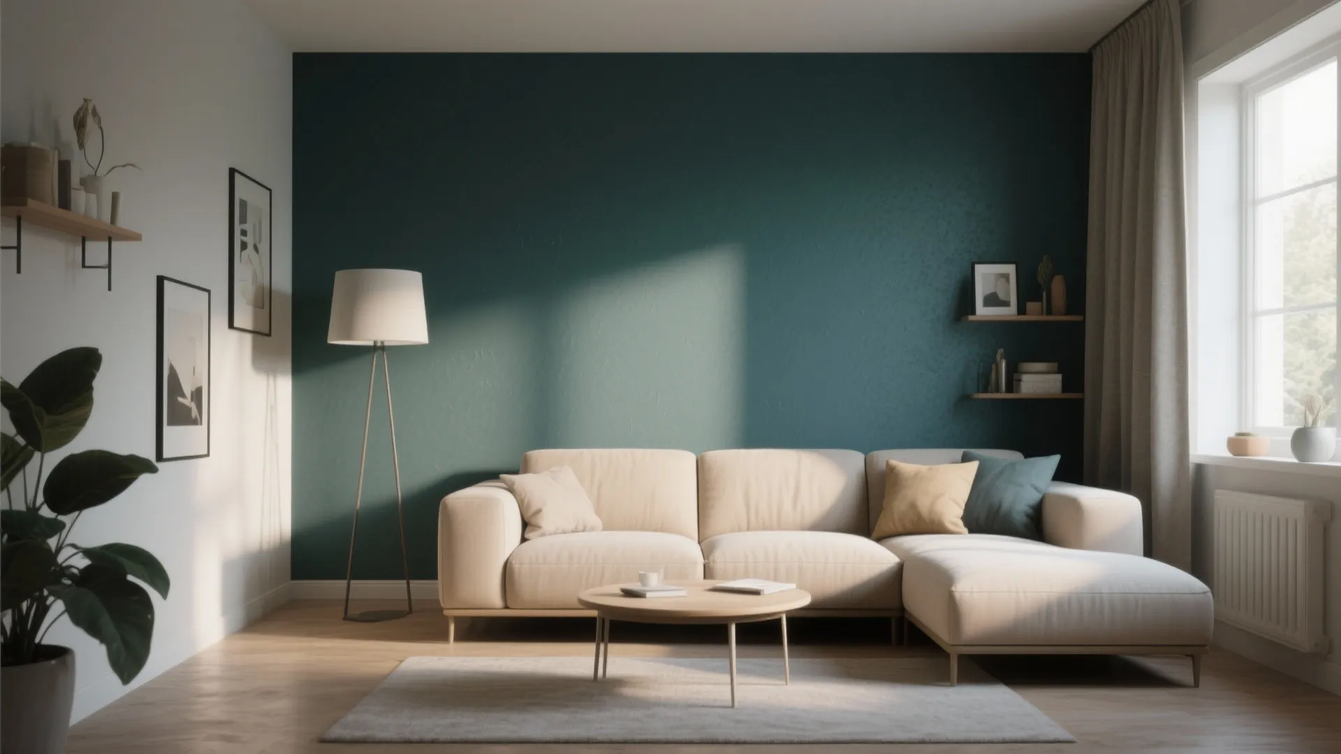 Modern living room featuring dark green wall beige sofa wooden coffee table and white floor lamp