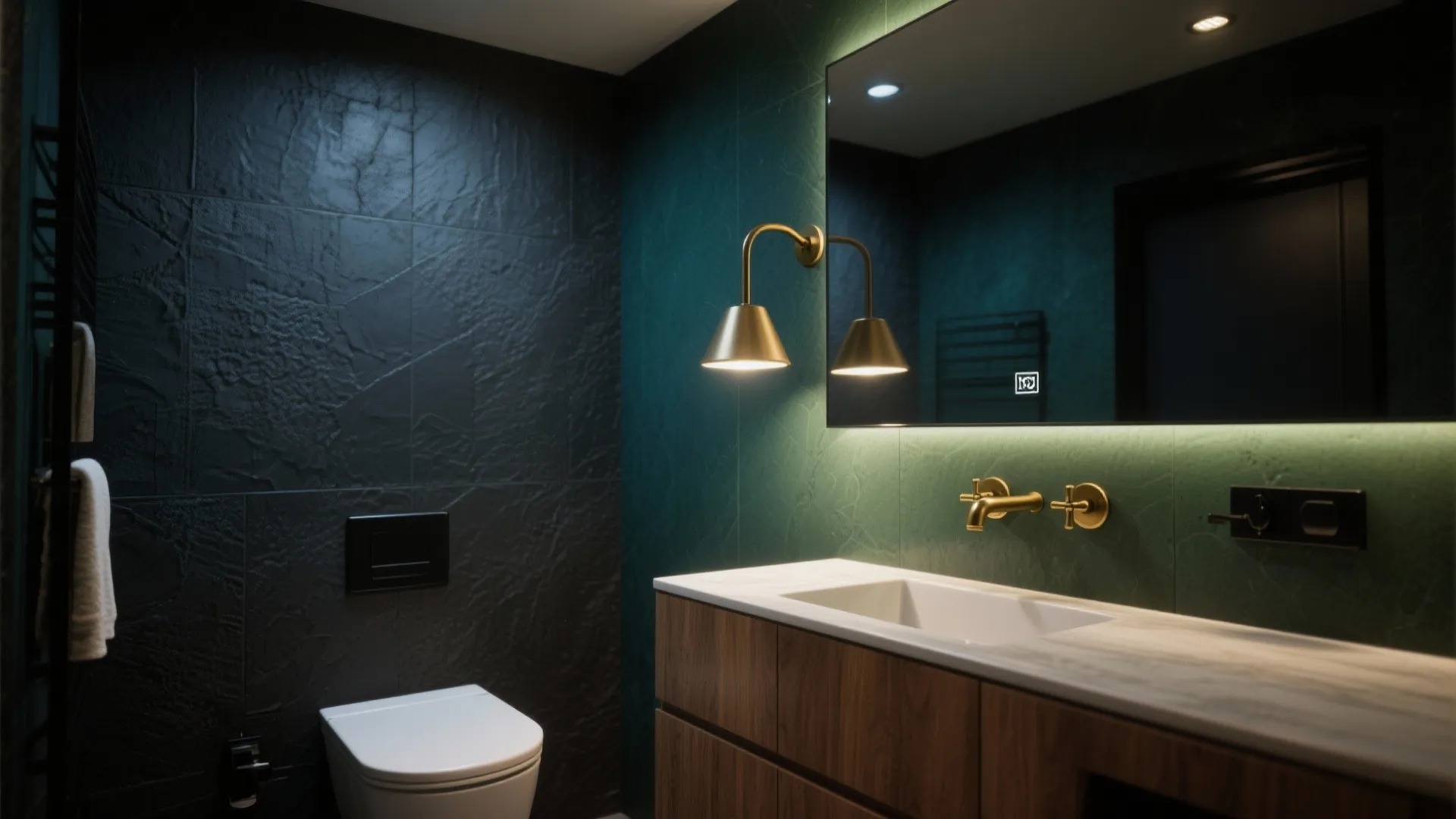 1. Dark, textured palette with warm metal accents