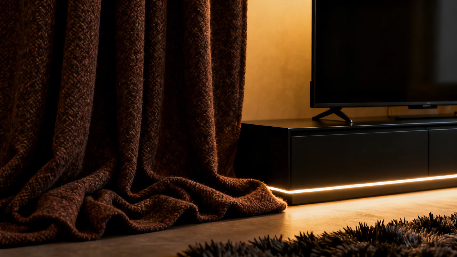 Cozy media-style brown living room with dark chocolate textured curtains and thick lining.