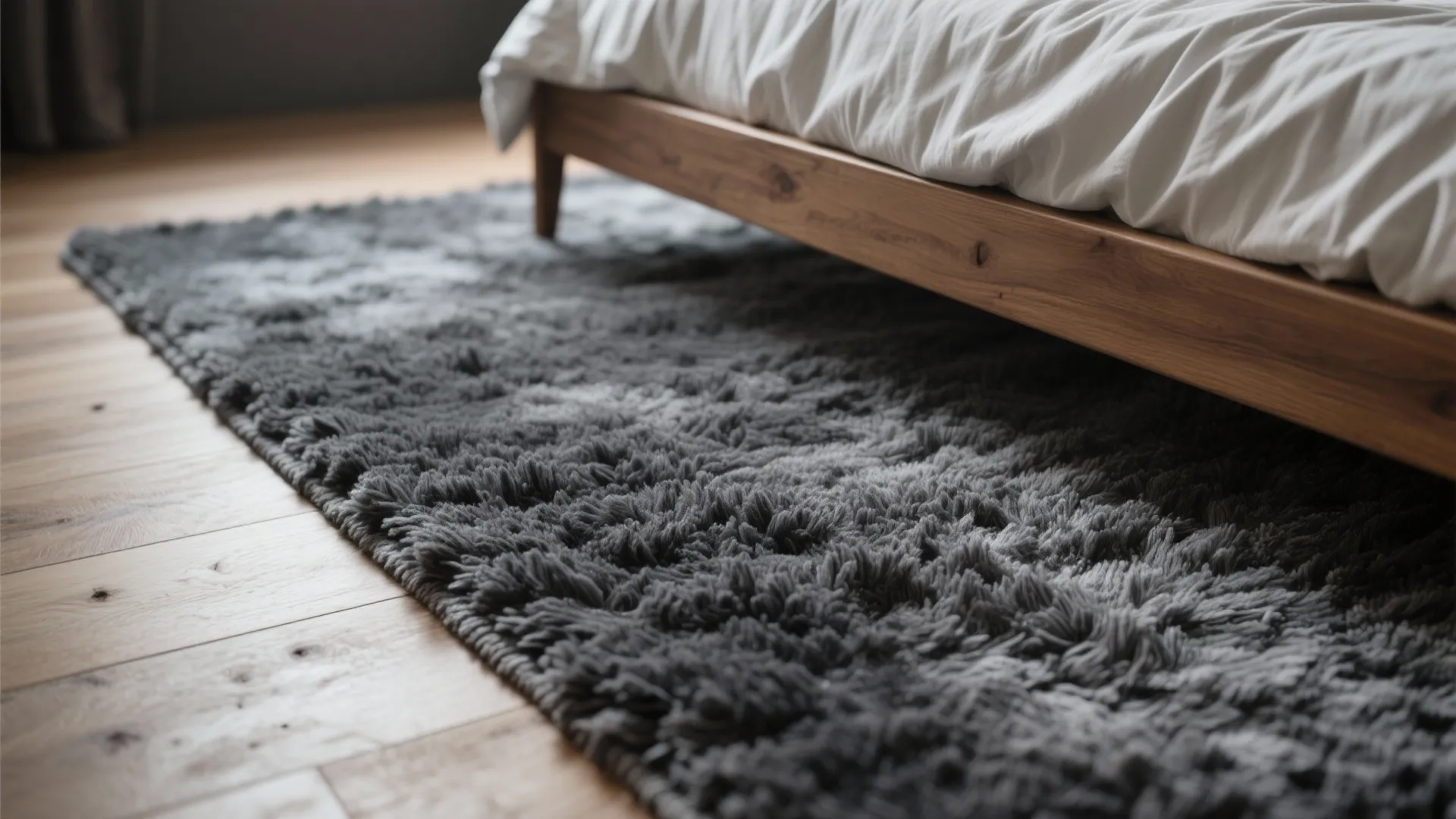 Close up view of a soft grey textured rug on a light wood floor under bed