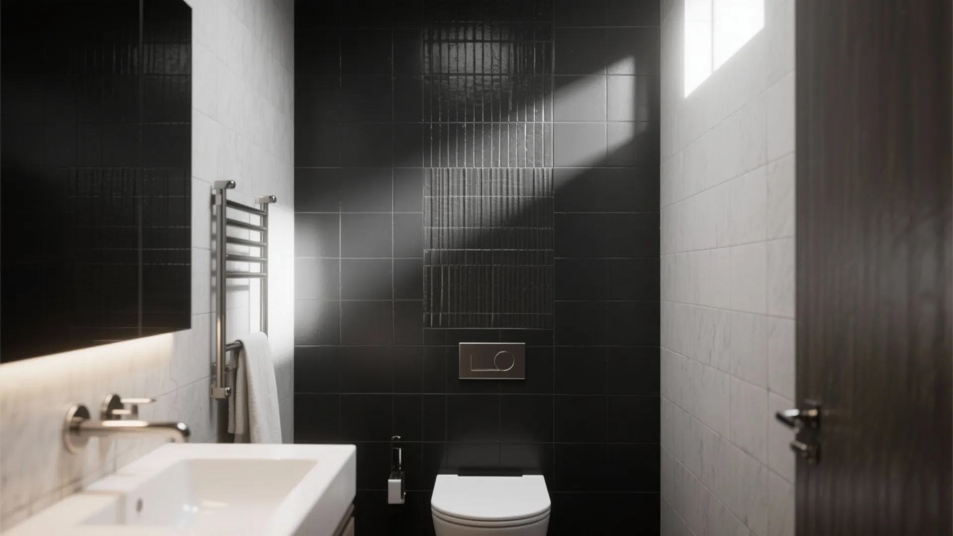 2. Matte Brushed Nickel Against Dark Tile for Drama