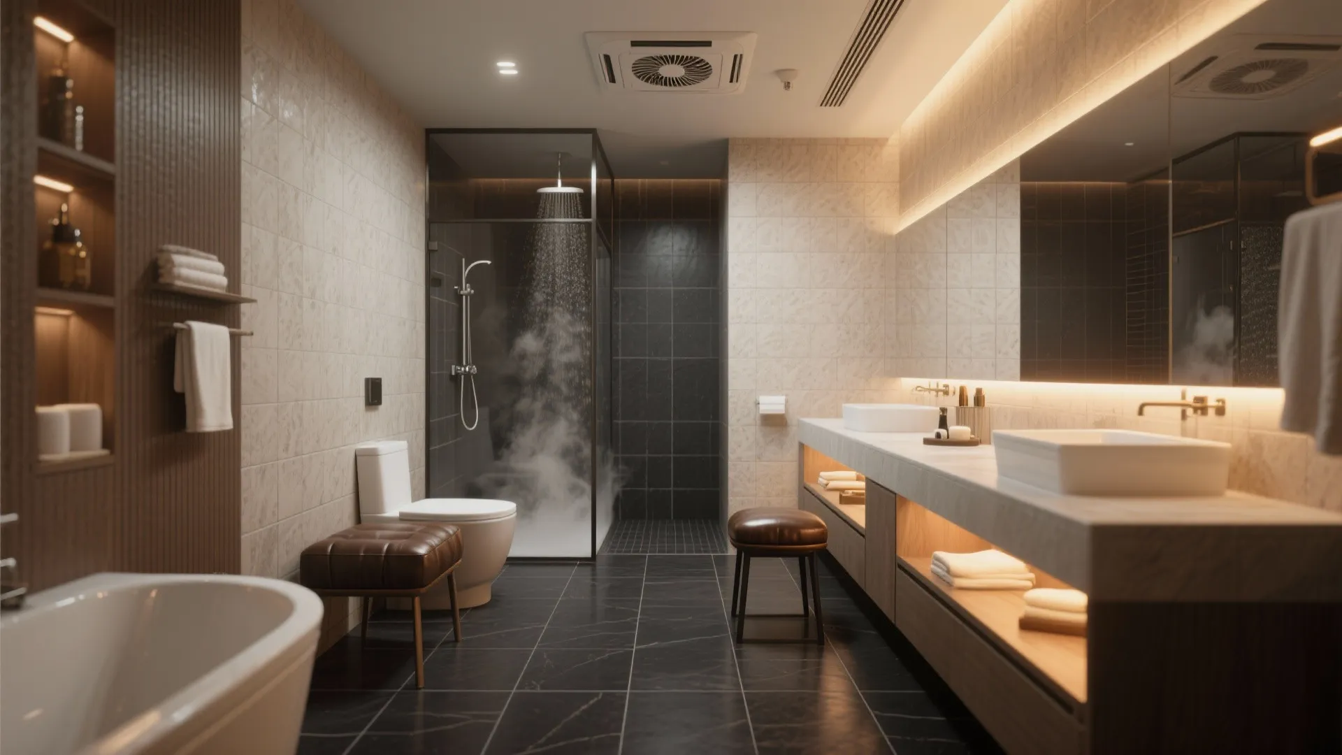2. Dark Tiles and Leather Accents for a Spa Vibe