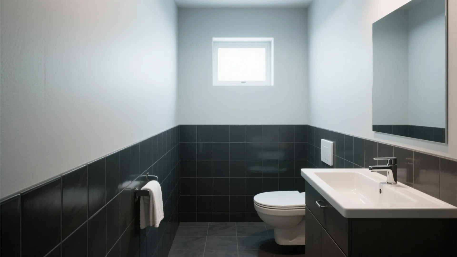 Modern bathroom with white upper walls black tiles on bottom half white toilet and vanity sink