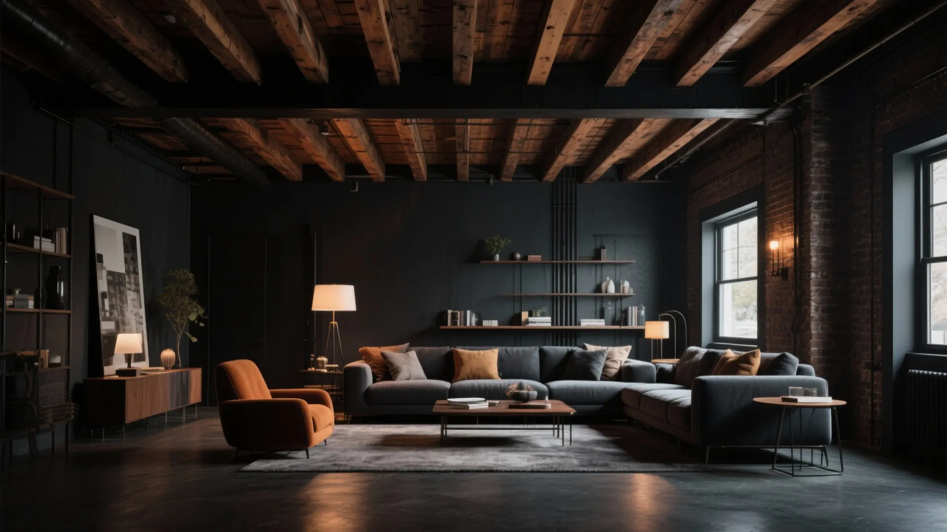 Industrial living room with dark walls, wooden ceiling beams, grey sofa, orange chair, and windows