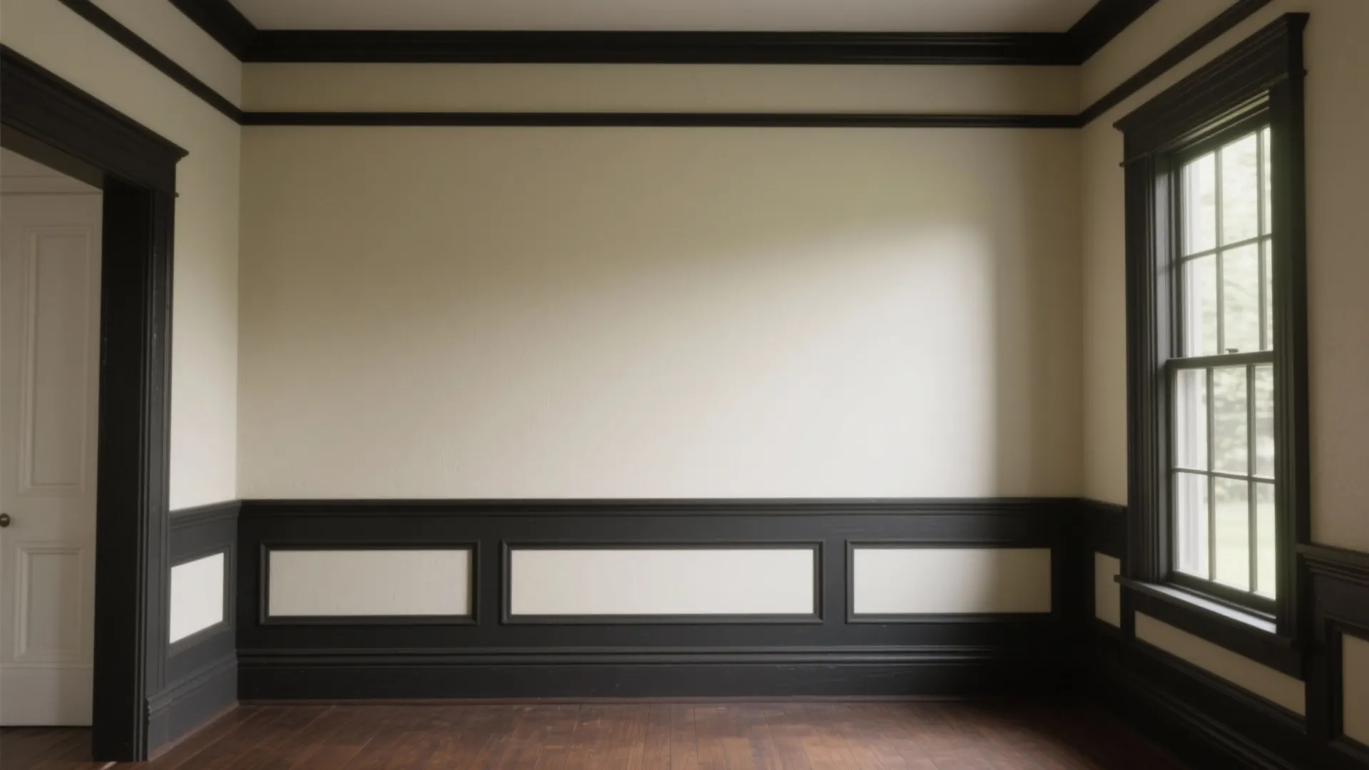 Empty room featuring white walls with dark wall panel trim and a classic wooden window
