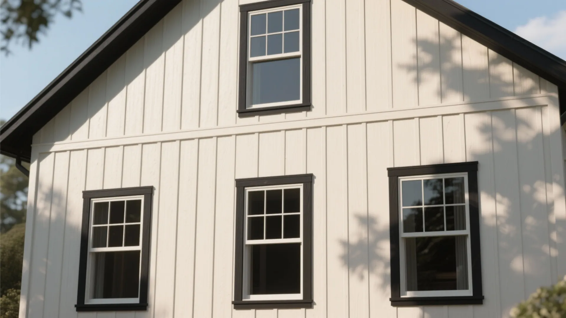 White house wall with vertical siding showing four windows designed with contrasting dark black trim