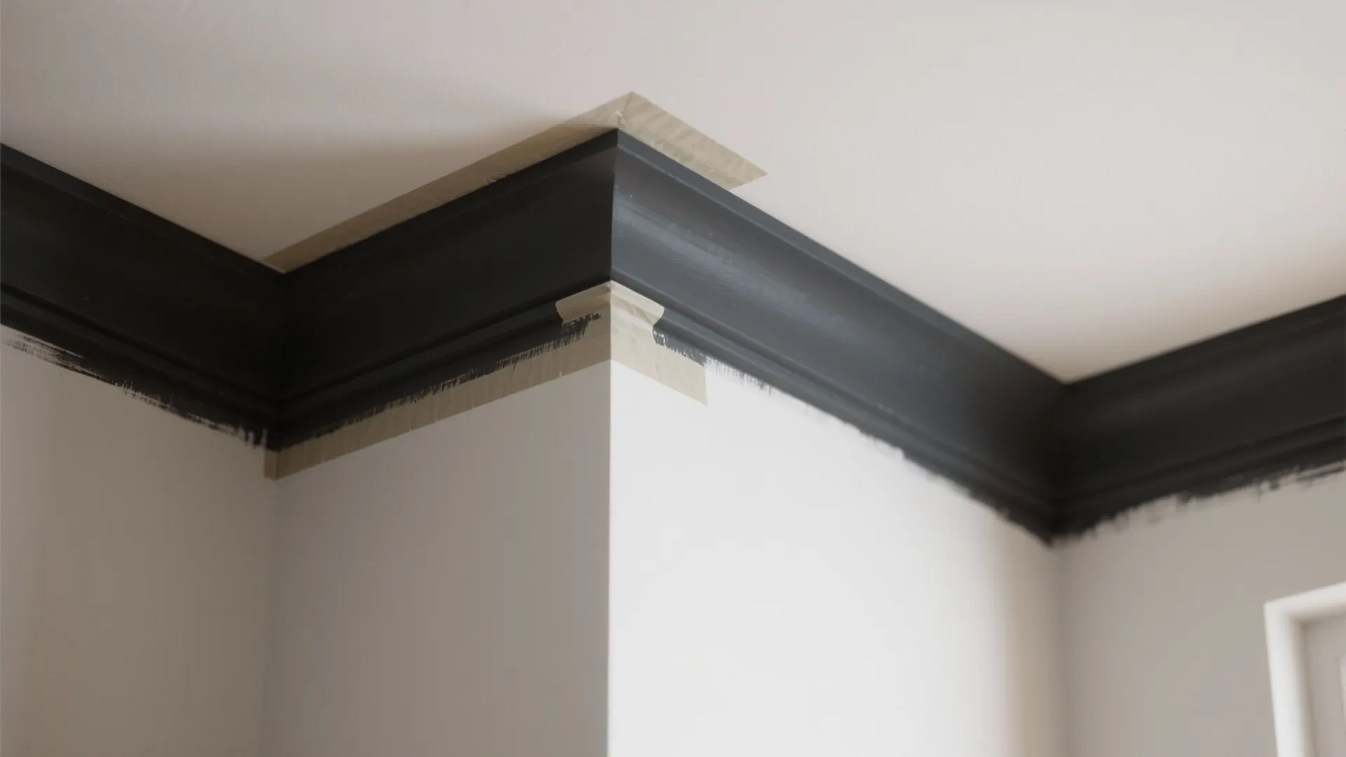 Close view of a dark wall panel being painted on a white wall with tape