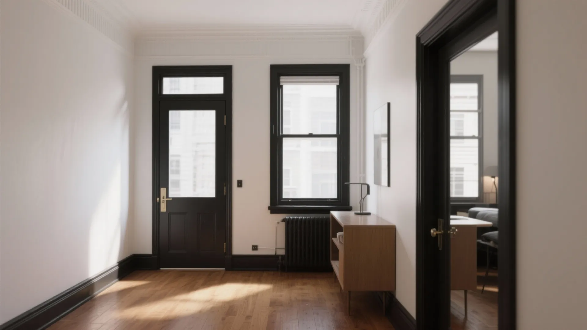 Empty room with white walls black door black window frames wooden floor and wood cabinet