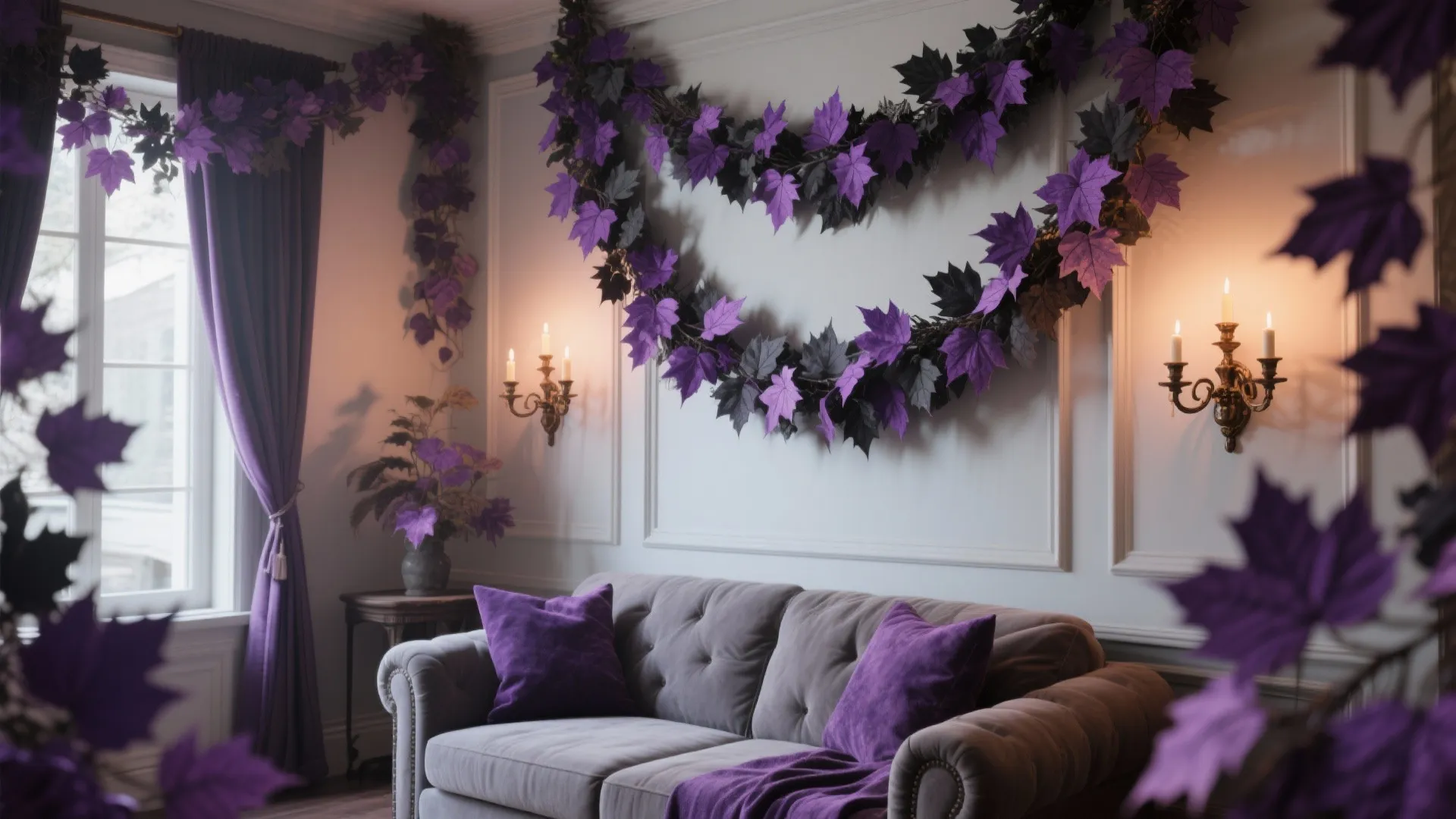Purple and black leaf garlands hanging on white wall panels above a classic grey velvet sofa