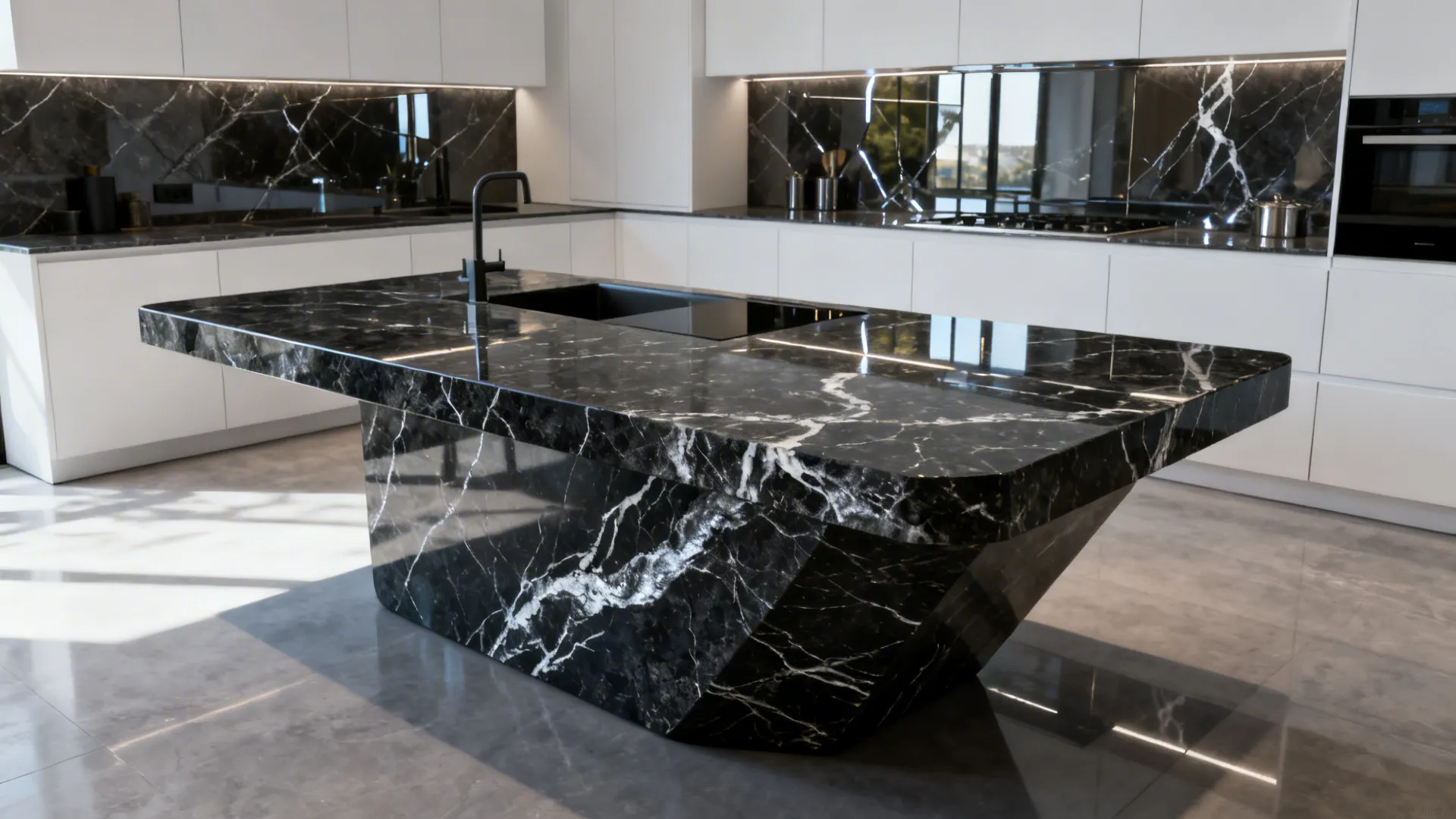 Contemporary kitchen island with dark granite and silver veining against white cabinets