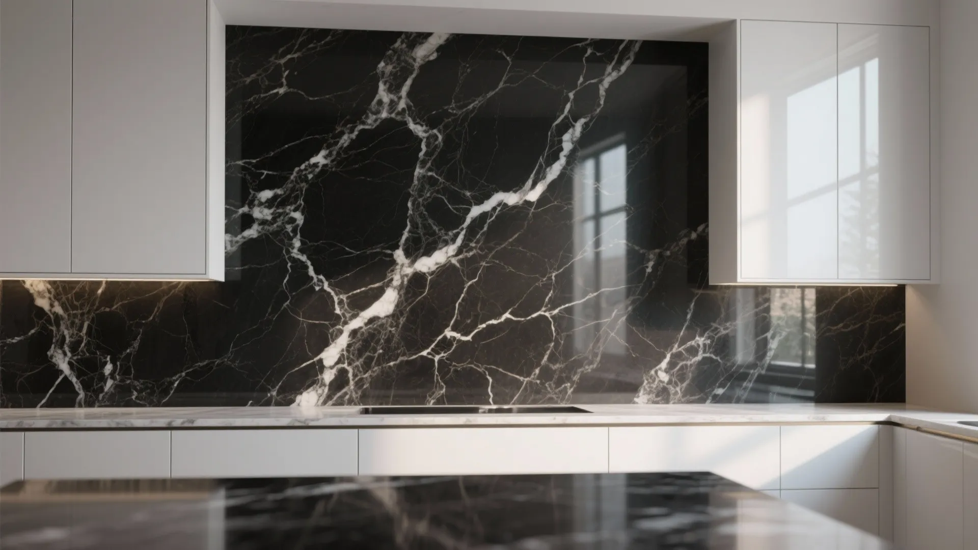 Dark-veined marble-look countertop with strong veins contrasted against white cabinets, showing luxurious texture.