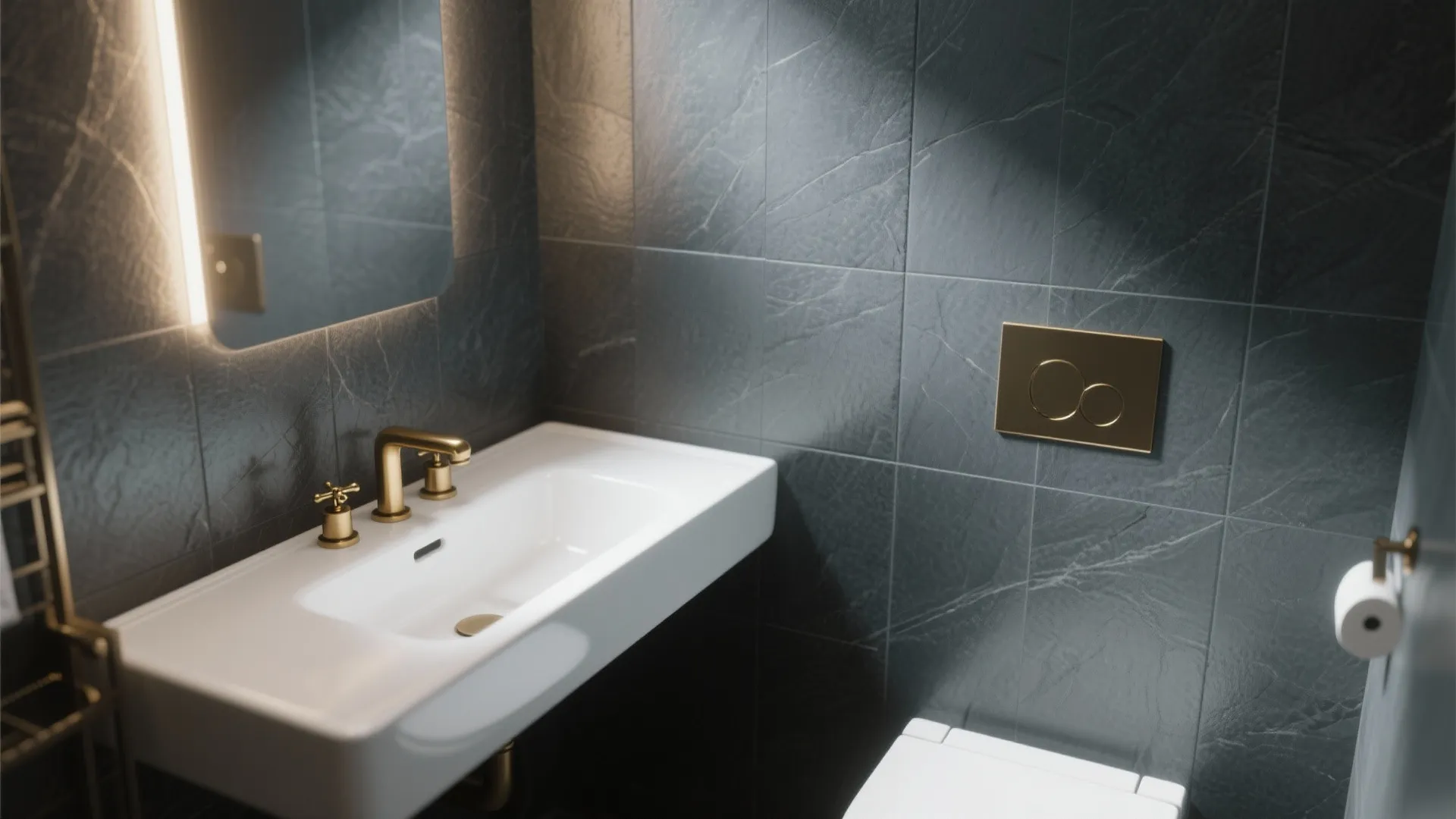 Luxury bathroom with dark grey stone wall panel gold water tap and white ceramic sink