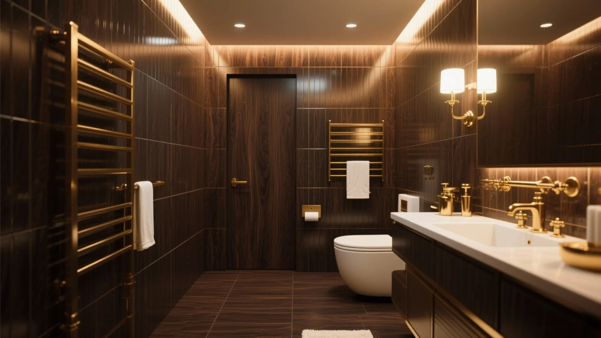 Dark wood bathroom featuring gold faucet white toilet wall light and matching gold towel rack