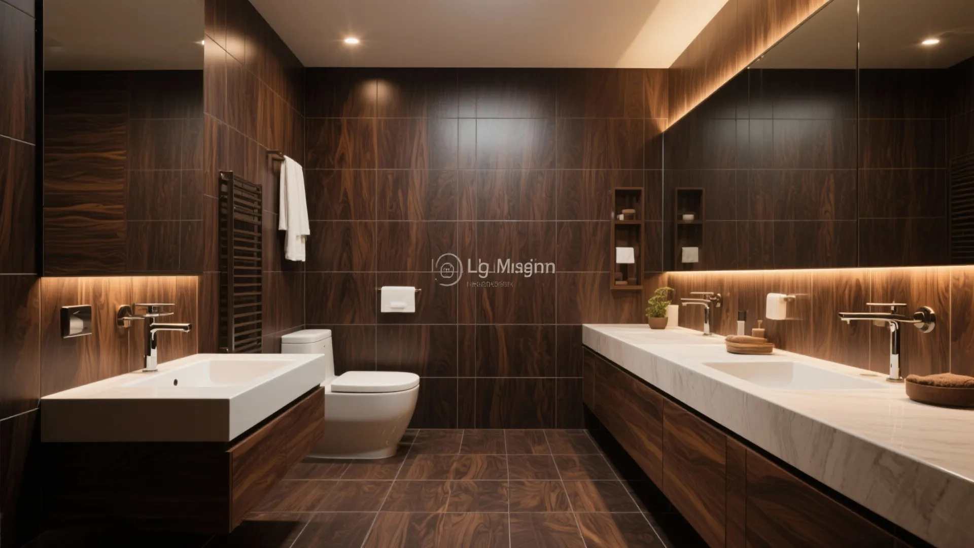 Luxury dark wood wall bathroom with double white sinks large mirrors toilet and warm lighting