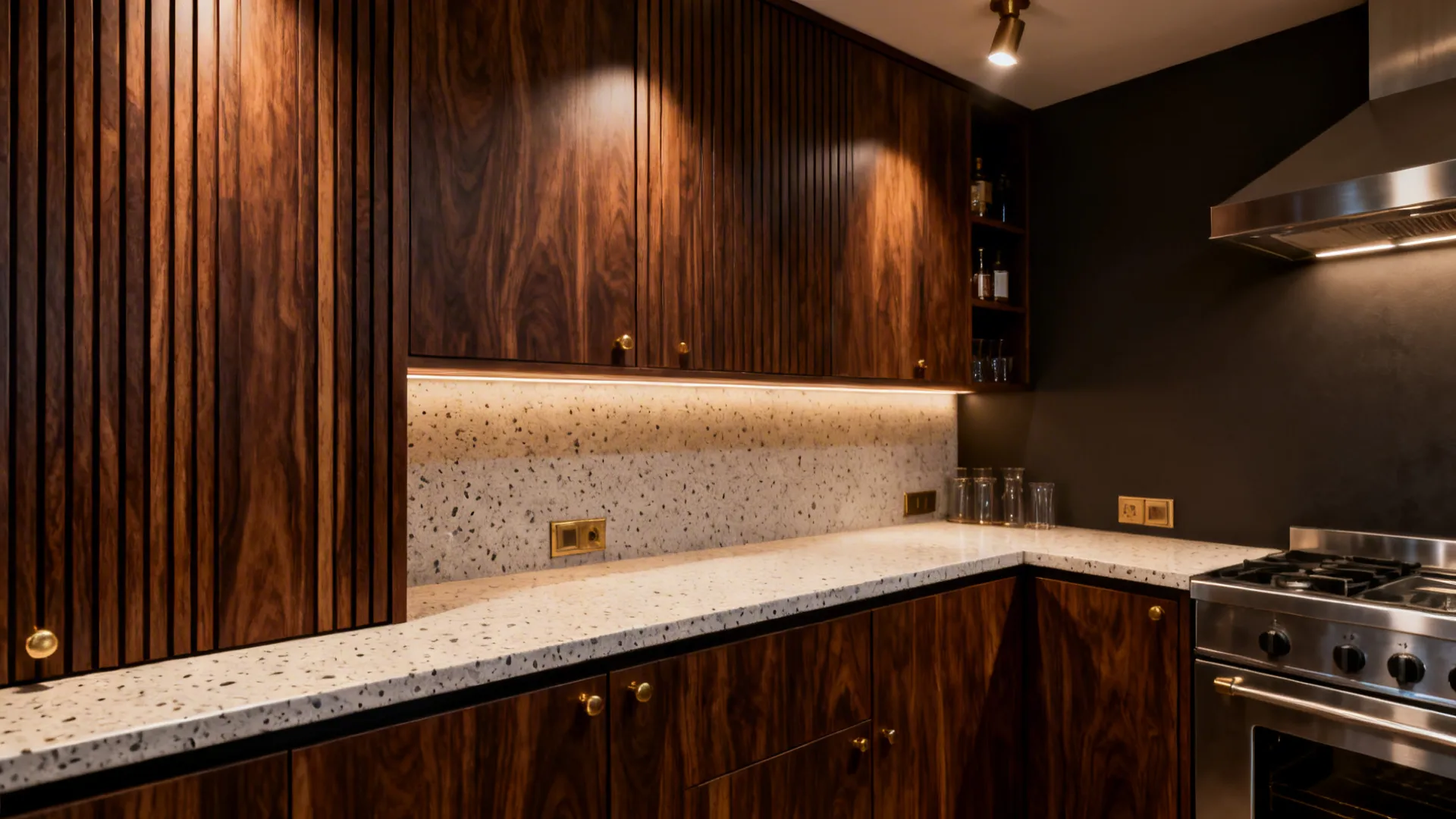 Dark walnut veneer kitchen with vertical grain and pale terrazzo countertops in a compact space.