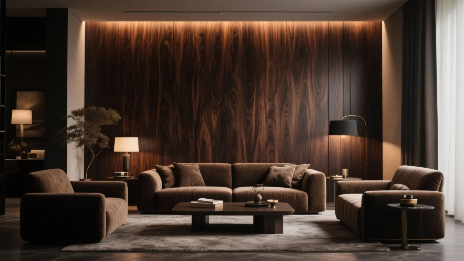 Modern living room featuring dark wood wall panel brown sofa set coffee table and floor lamps