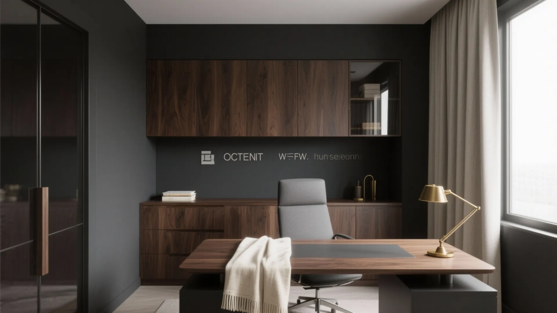 1) Dark wood and charcoal backbone