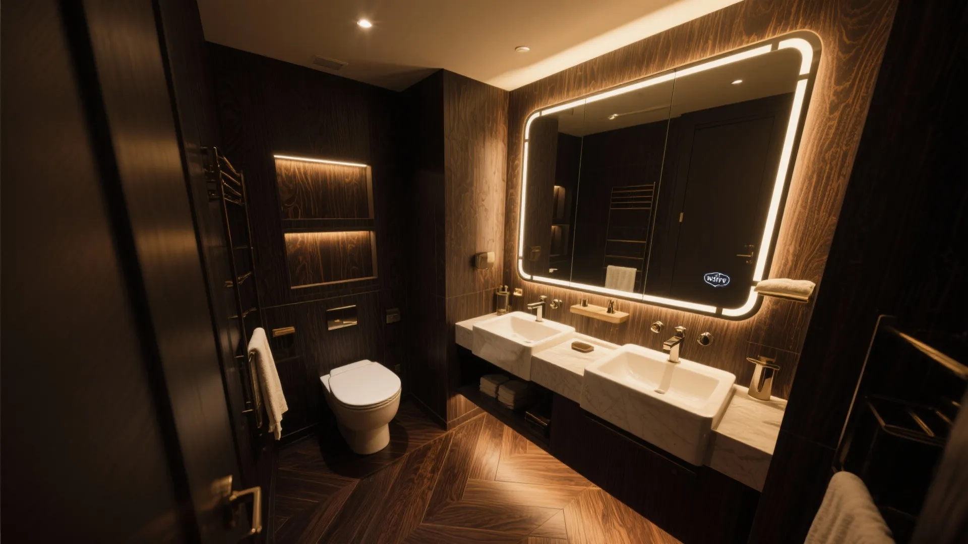 Luxury dark bathroom with wood walls and lighted mirror above double sinks and white toilet