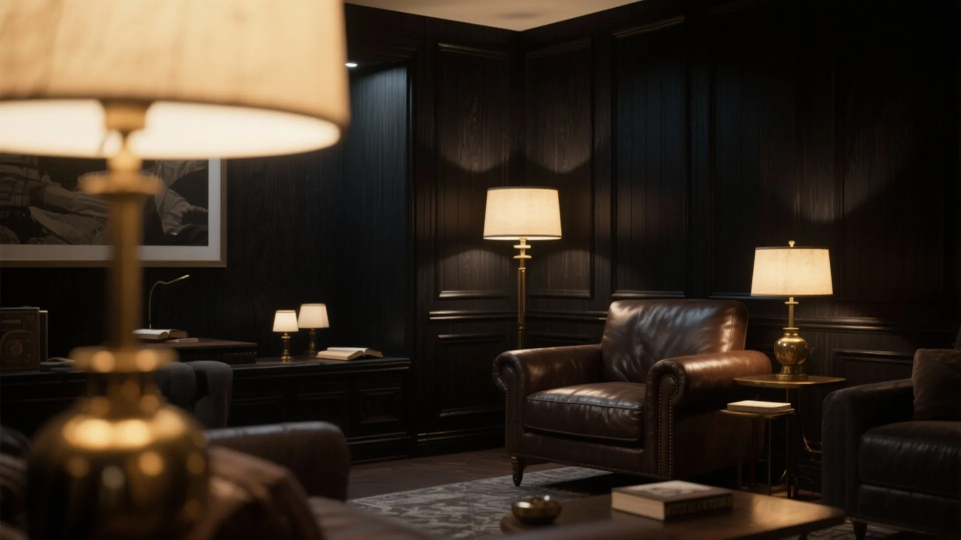 Dark room with wood wall panels, leather armchair, warm floor lamps, side tables, and books