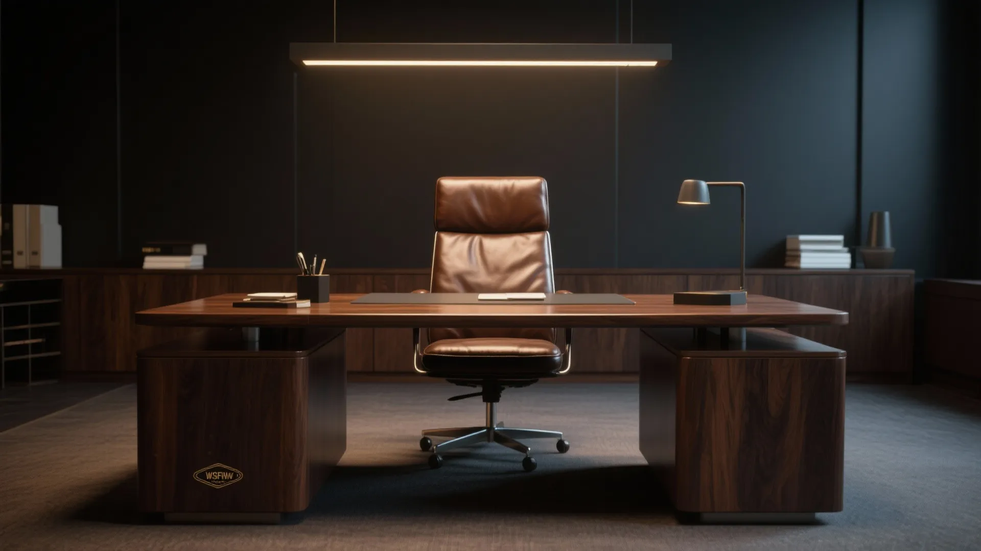 Dark walnut desk with vintage leather chair in moody office
