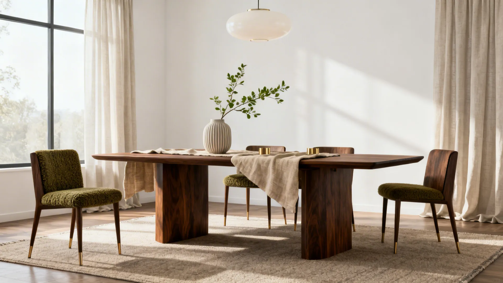 Modern dining room featuring a large dark wood table green chairs white walls and large windows