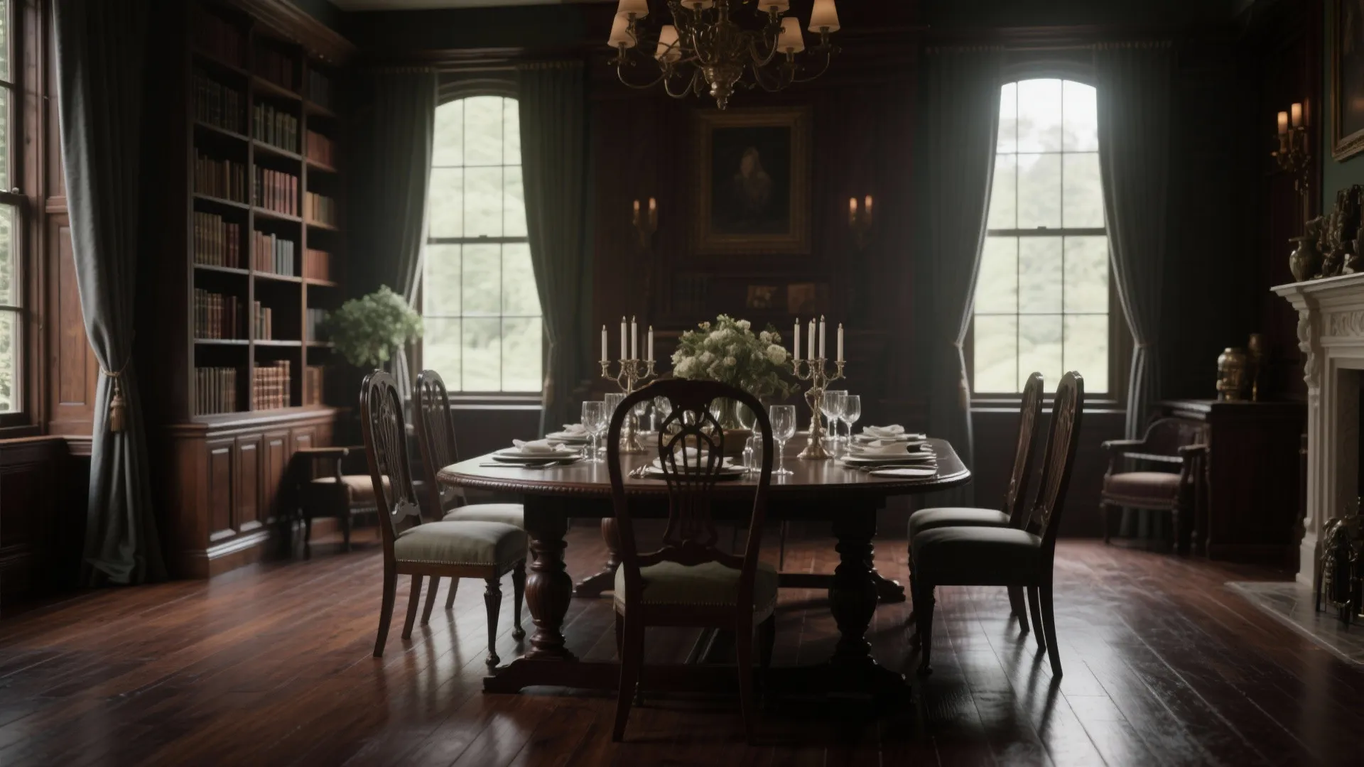 Classic dining room with dark wood table, vintage chairs, large bookshelf, windows, and ceiling light