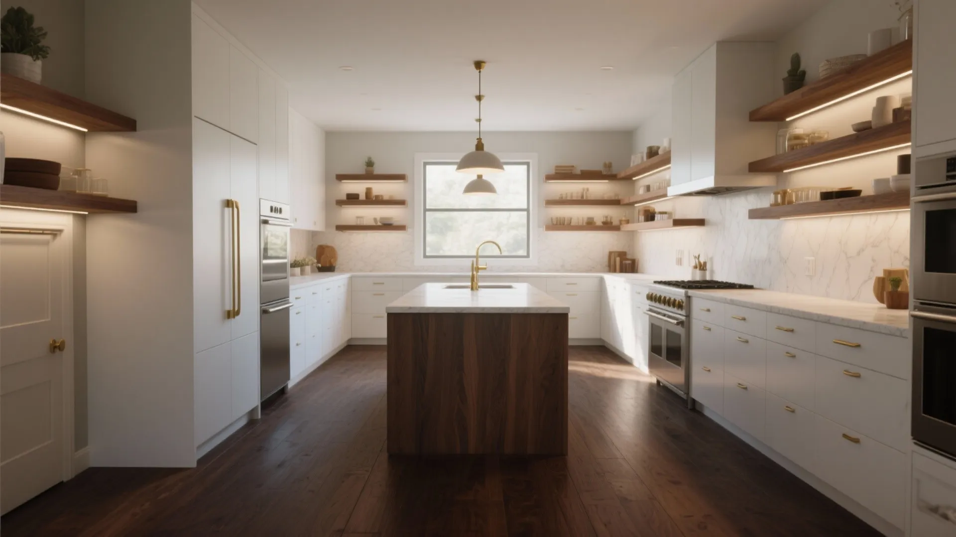 Spacious white kitchen with dark wood central island floating shelves gold faucet and ceiling light