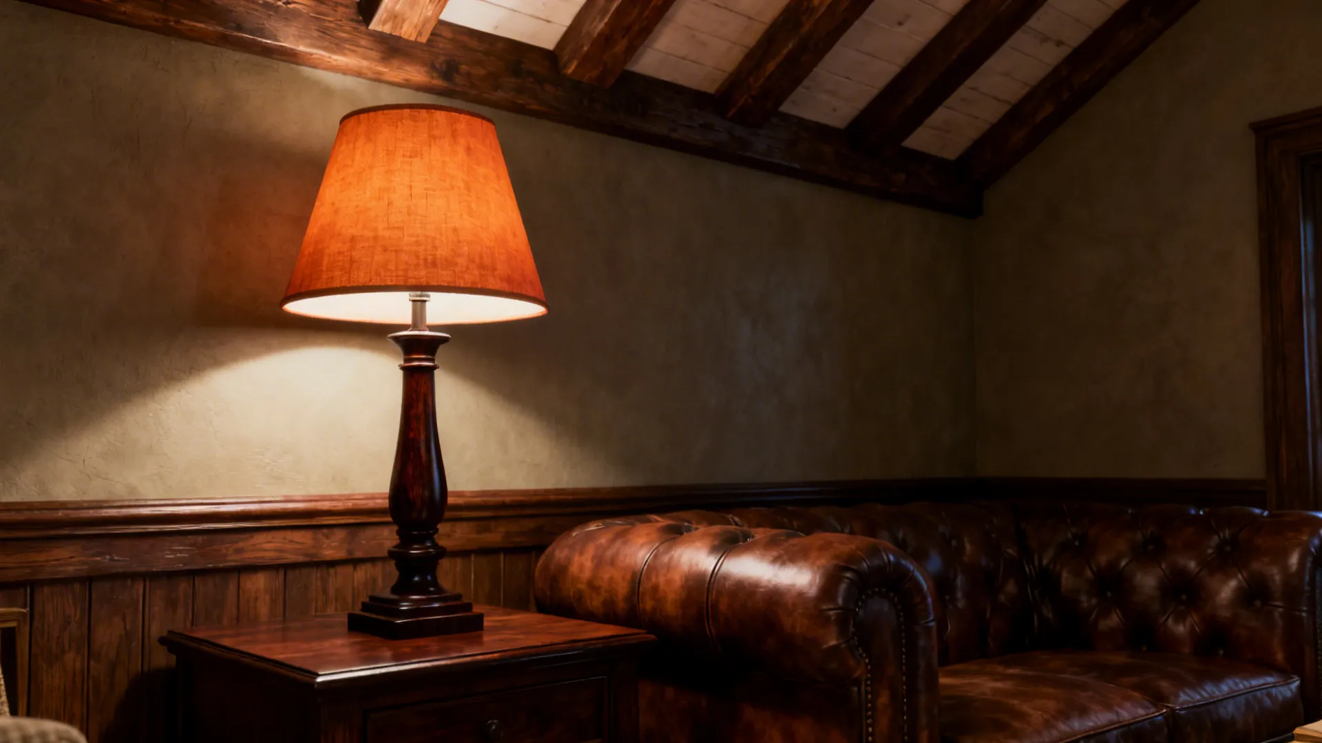 Reading corner with a dark wood-base lamp and leather sofa under warm light