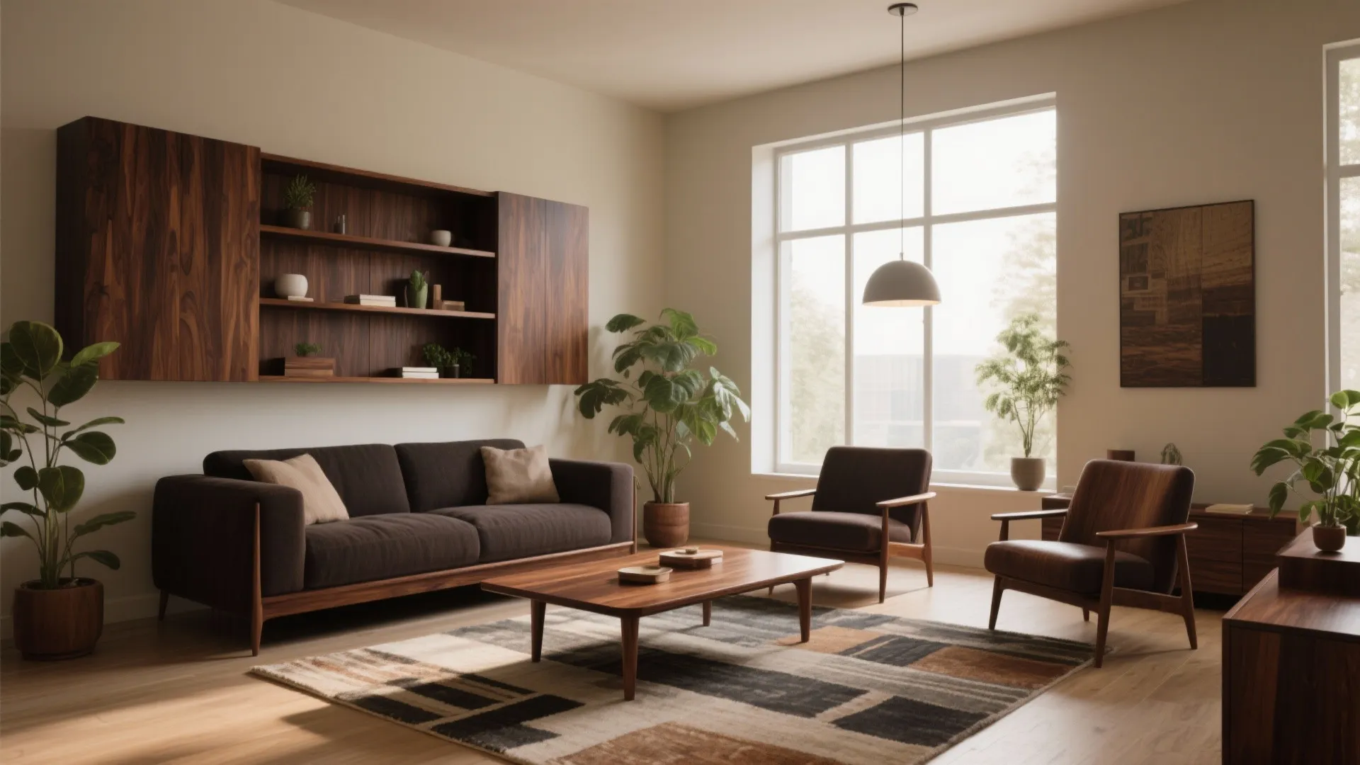 Mid century living room with dark wood wall cabinet brown sofa pattern rug and greenery