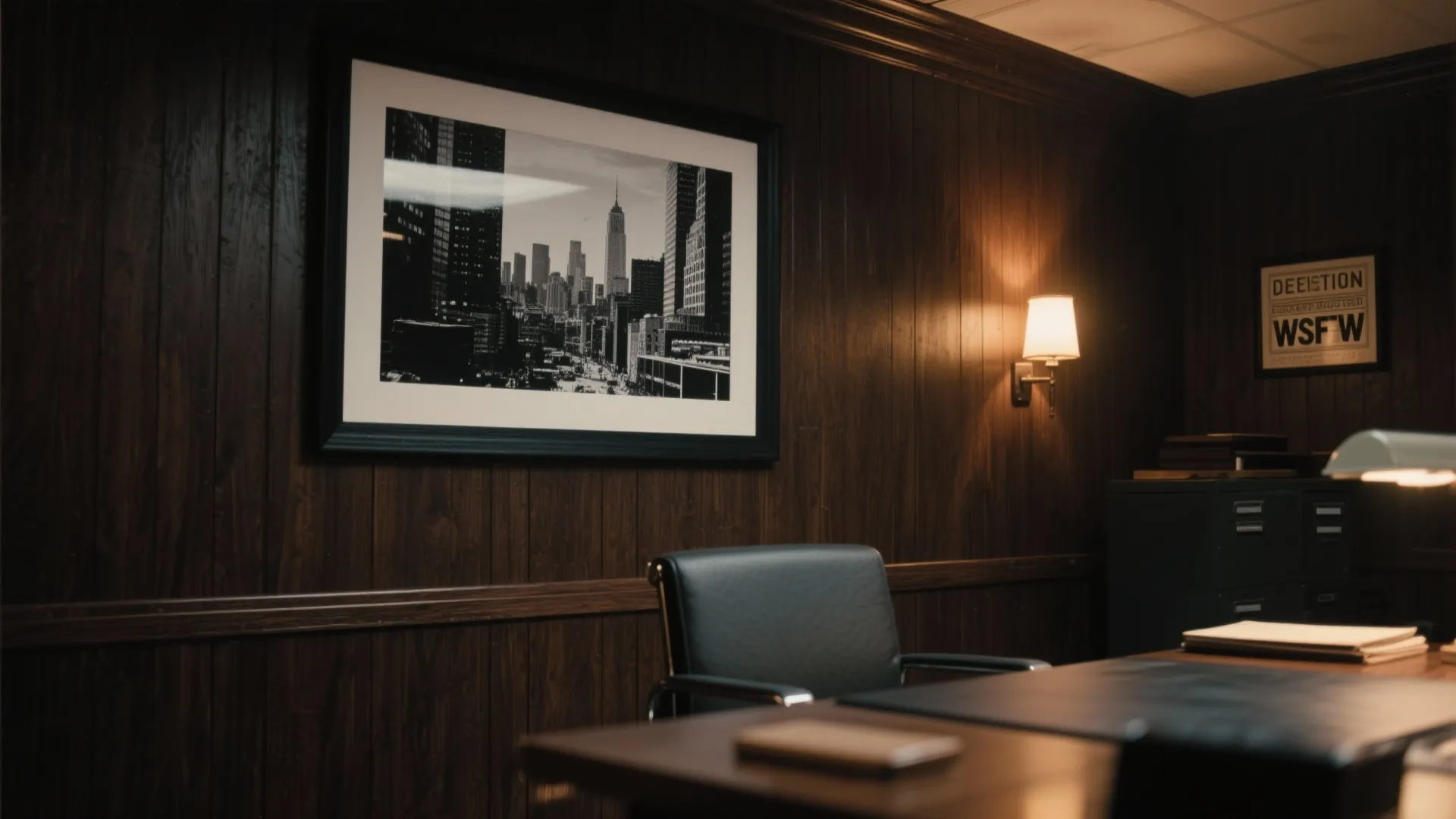 Vintage office room with dark wood wall panel black leather chair and city picture in frame