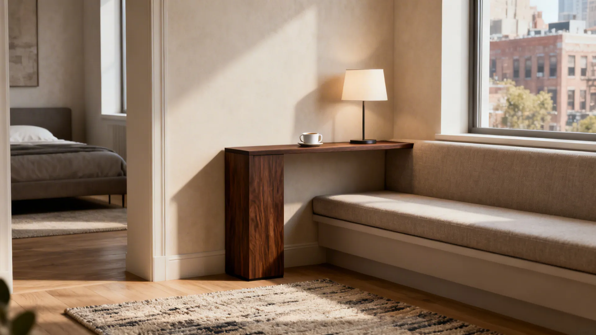 Slim dark wood side table next to a bench seat and window in a bright room