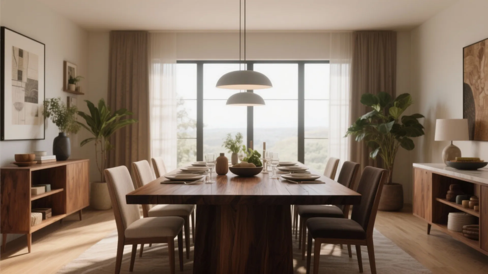 Modern dining room with large wooden table upholstered chairs two ceiling lights and large windows