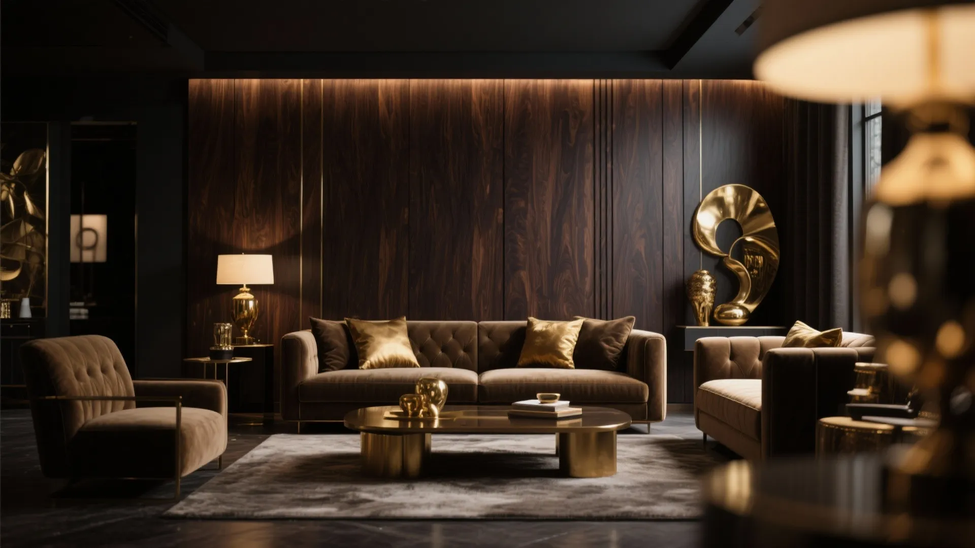 Luxury living room with dark wood wall panel brown sofa gold coffee table and lamps