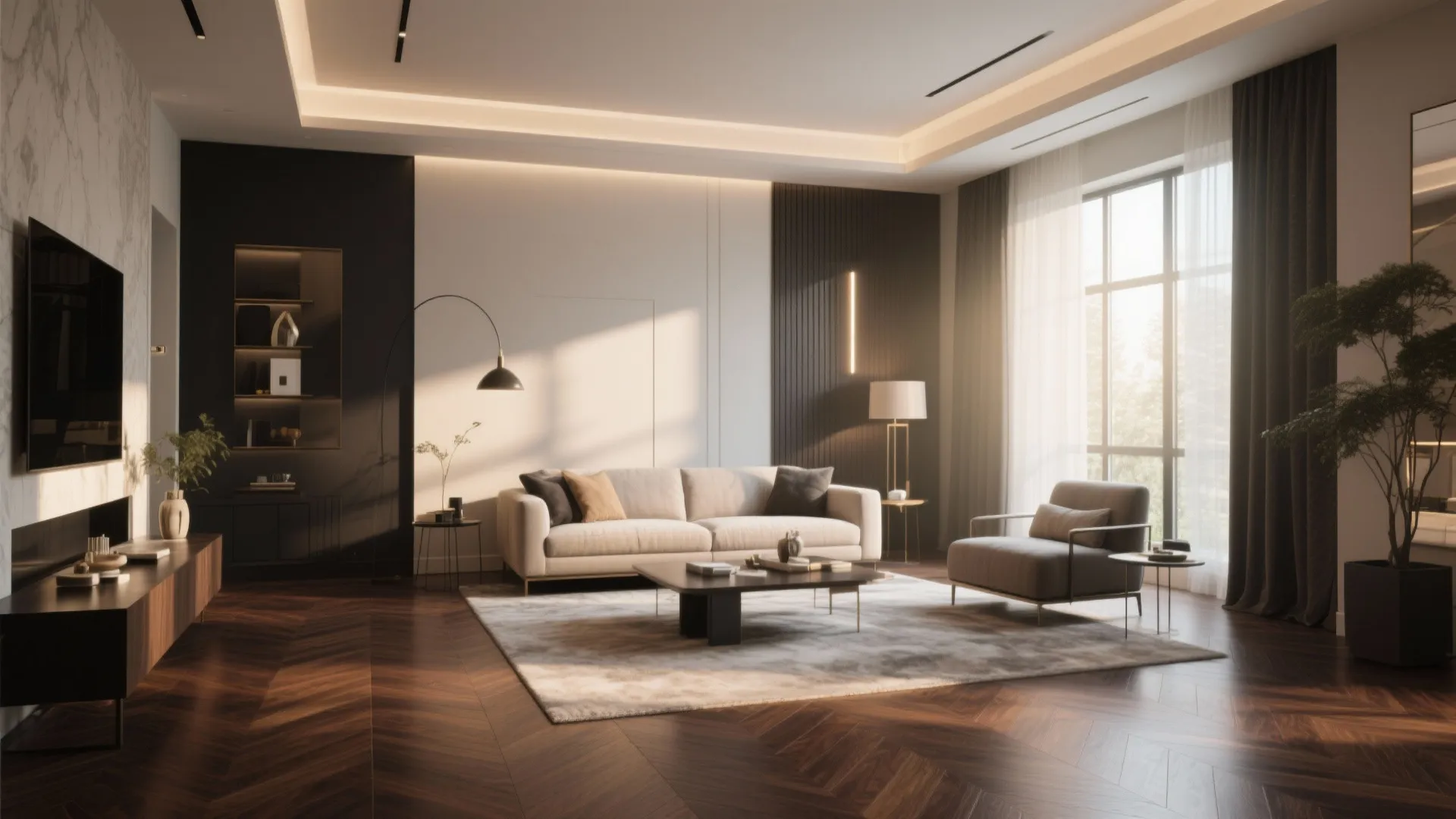 Spacious modern living room with dark wooden floor white sofa and floor light by window