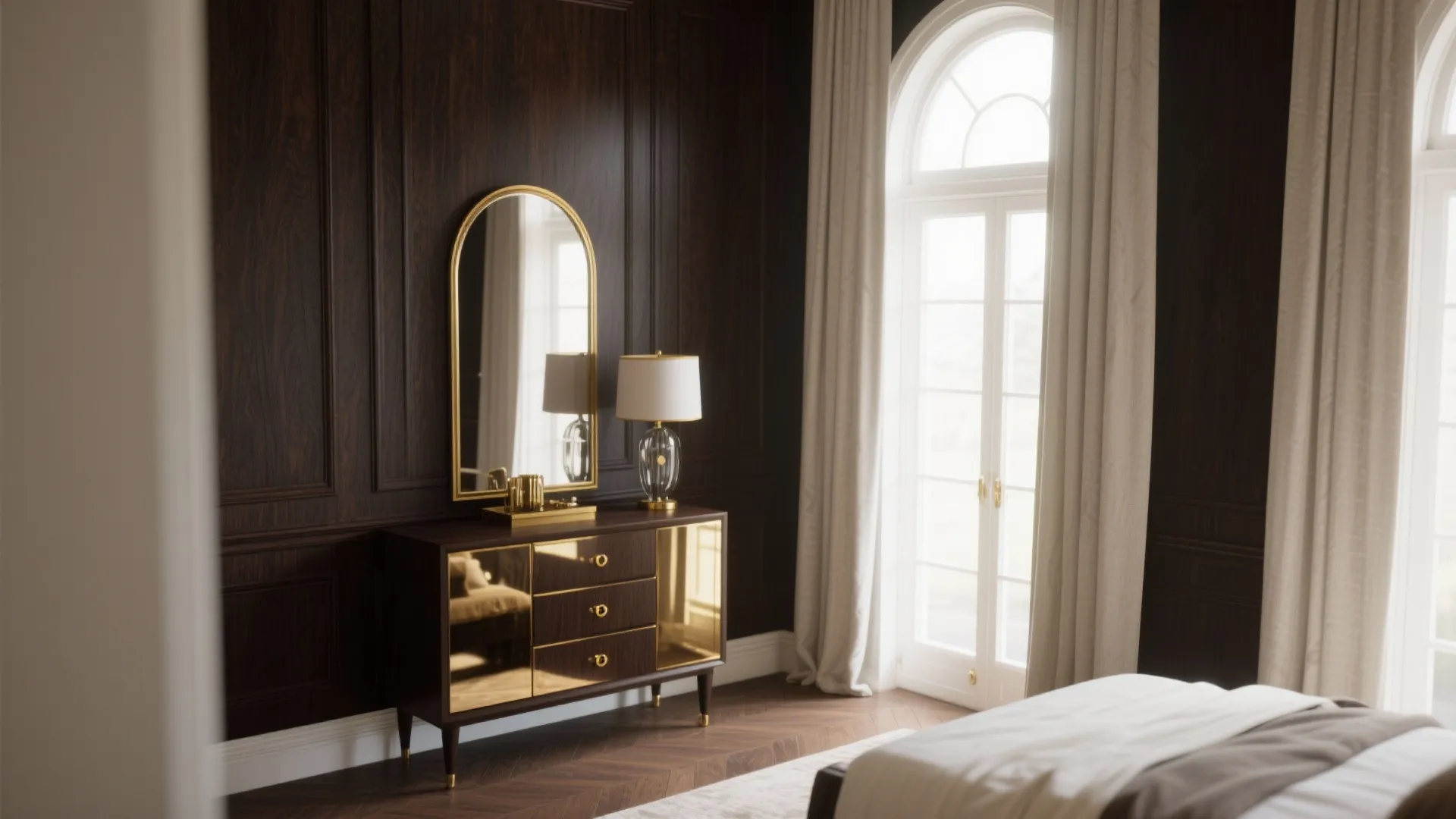 Luxurious bedroom with dark wood wall panel, gold arched mirror, brown cabinet, lamp, and curtains