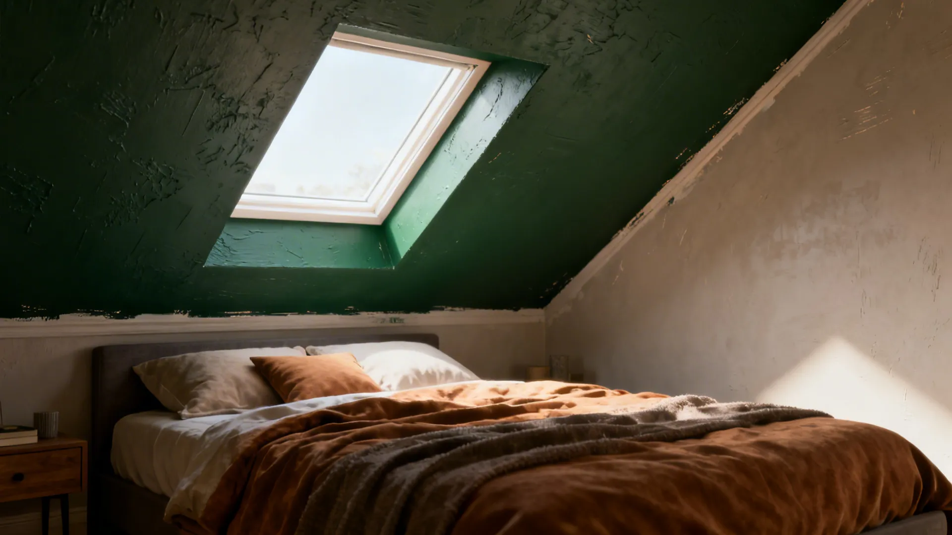 Attic bedroom showing a deep green slanted ceiling creating a cocoon effect over the bed