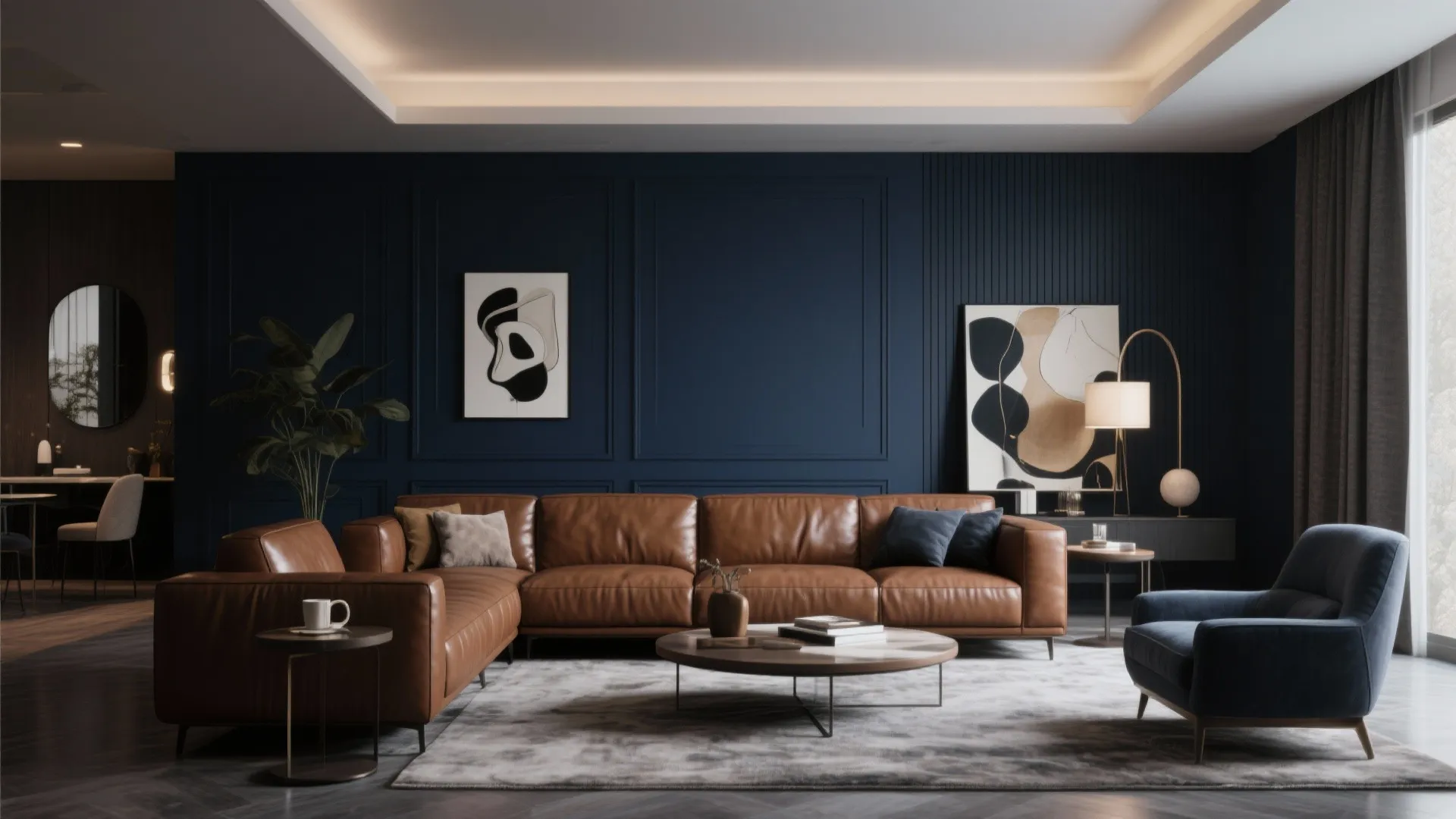 Living room with deep navy walls and a brown leather sofa