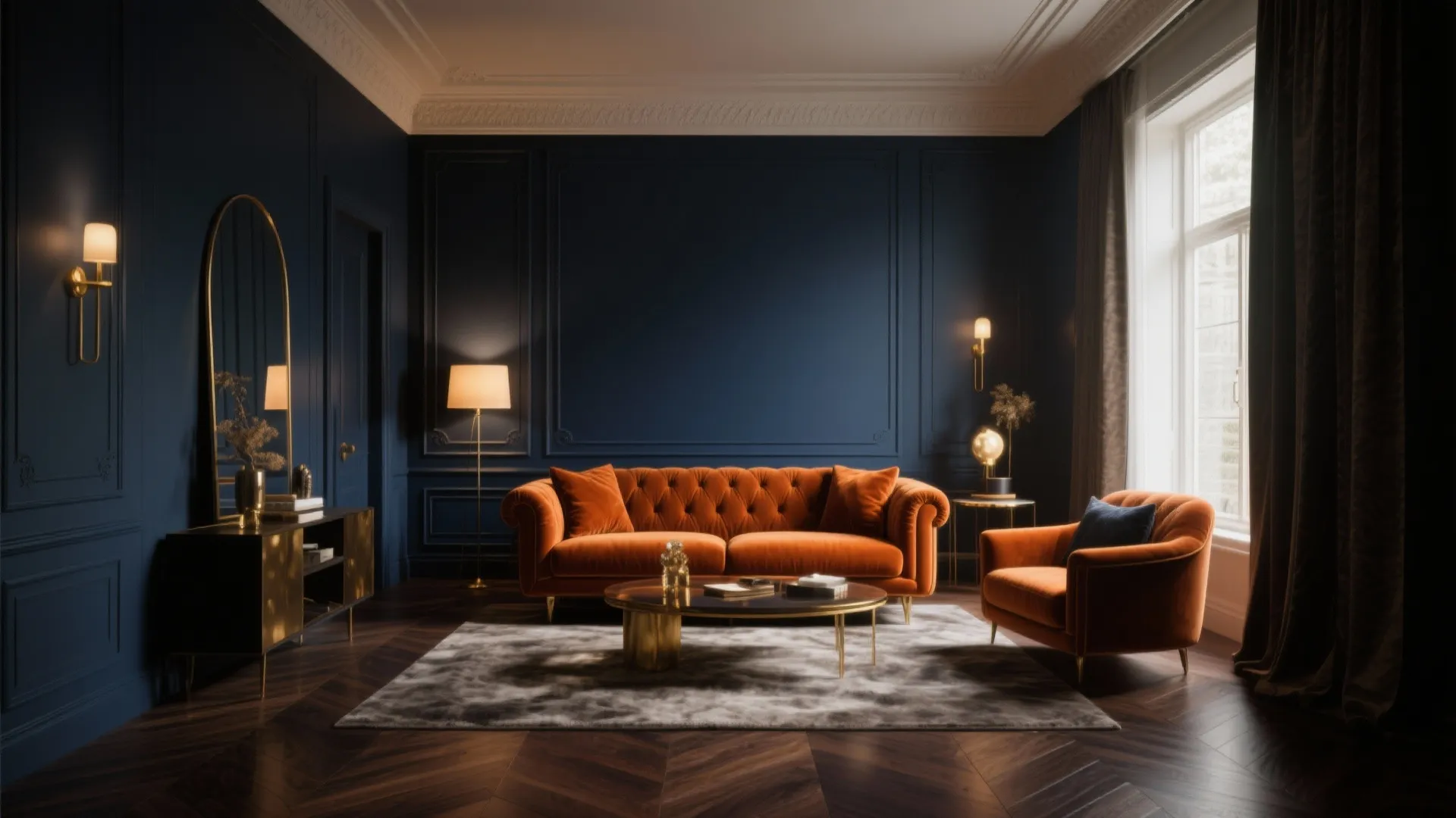 Elegant living room with dark blue wall panels orange velvet sofa gold coffee table and rug