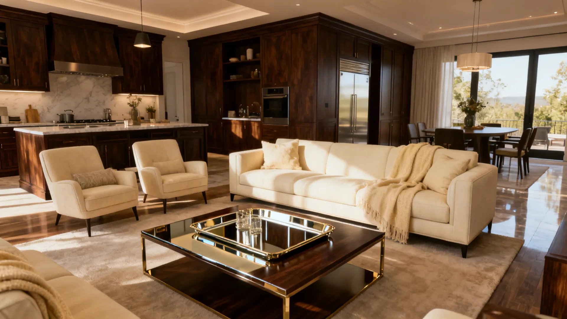 2. Contrast with Dark Wood and Cream Upholstery