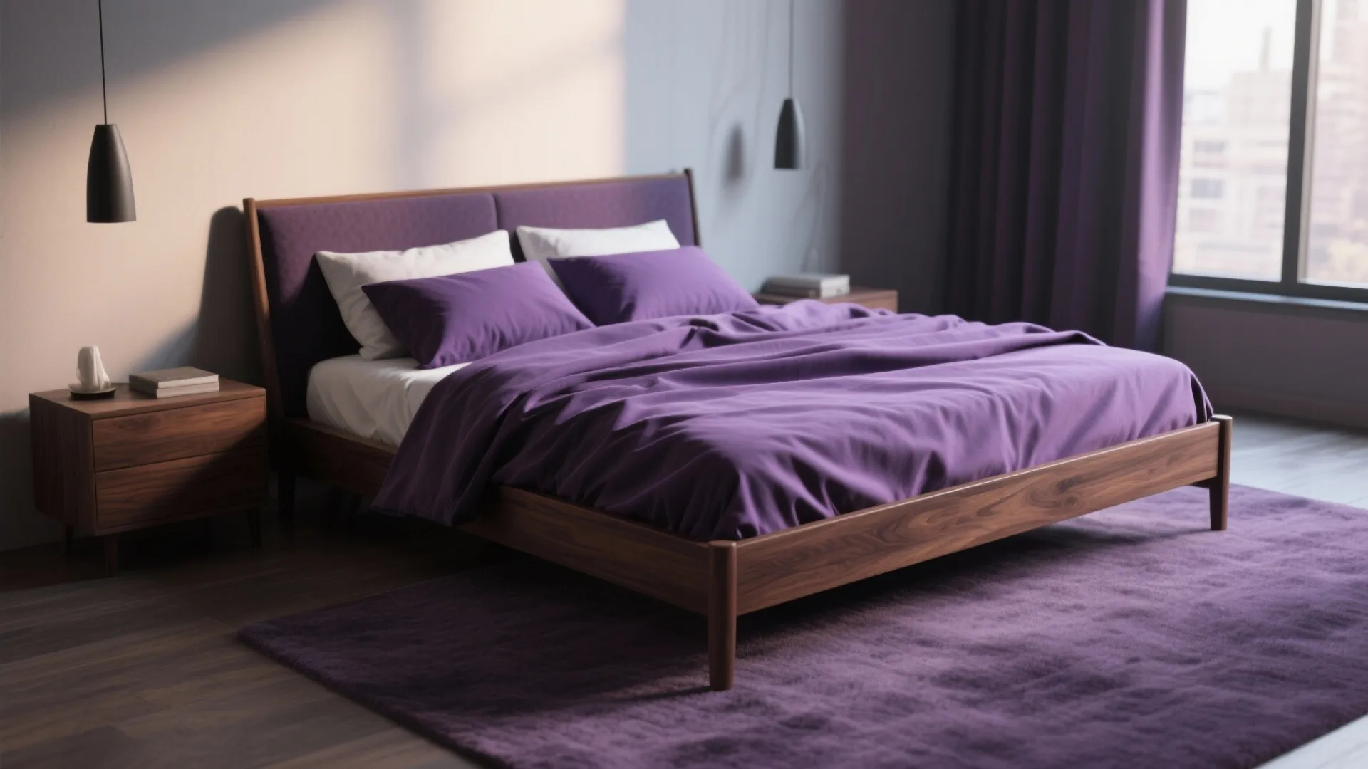 7. Dark Wood and Purple Linens
