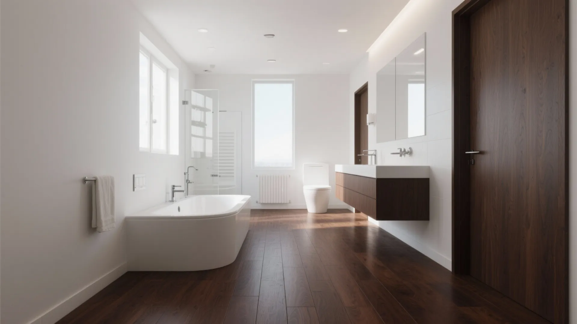 Modern bright bathroom with white walls dark wood floor white bathtub sink and dark door
