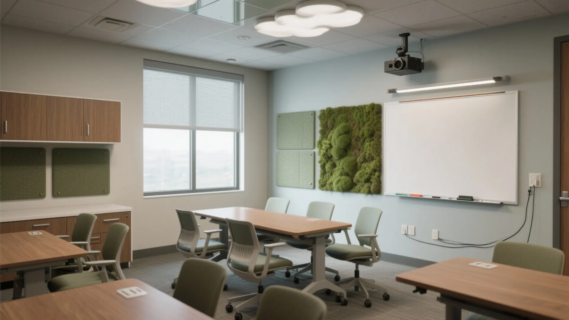 Modern study room with wooden desks green chairs white board on wall and gray door