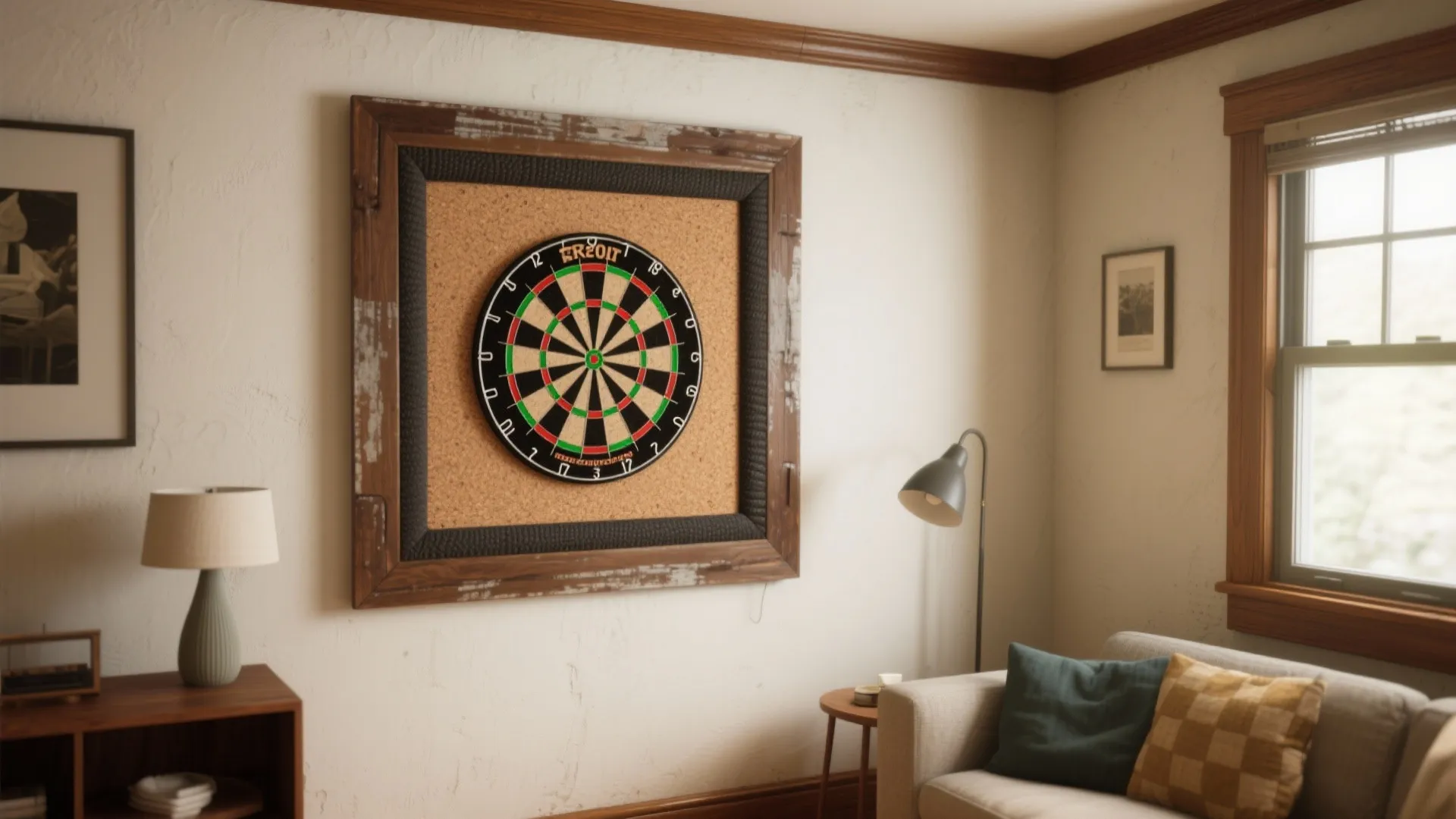 Dartboard in wooden frame with cork backer on living room wall beside sofa and light
