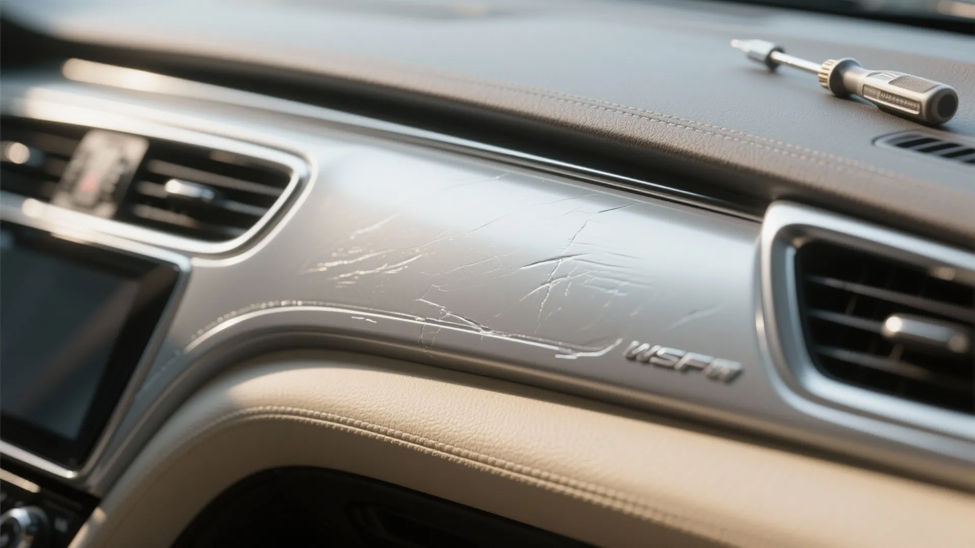Close up of a scratched grey car dashboard surface with a small metal screwdriver tool