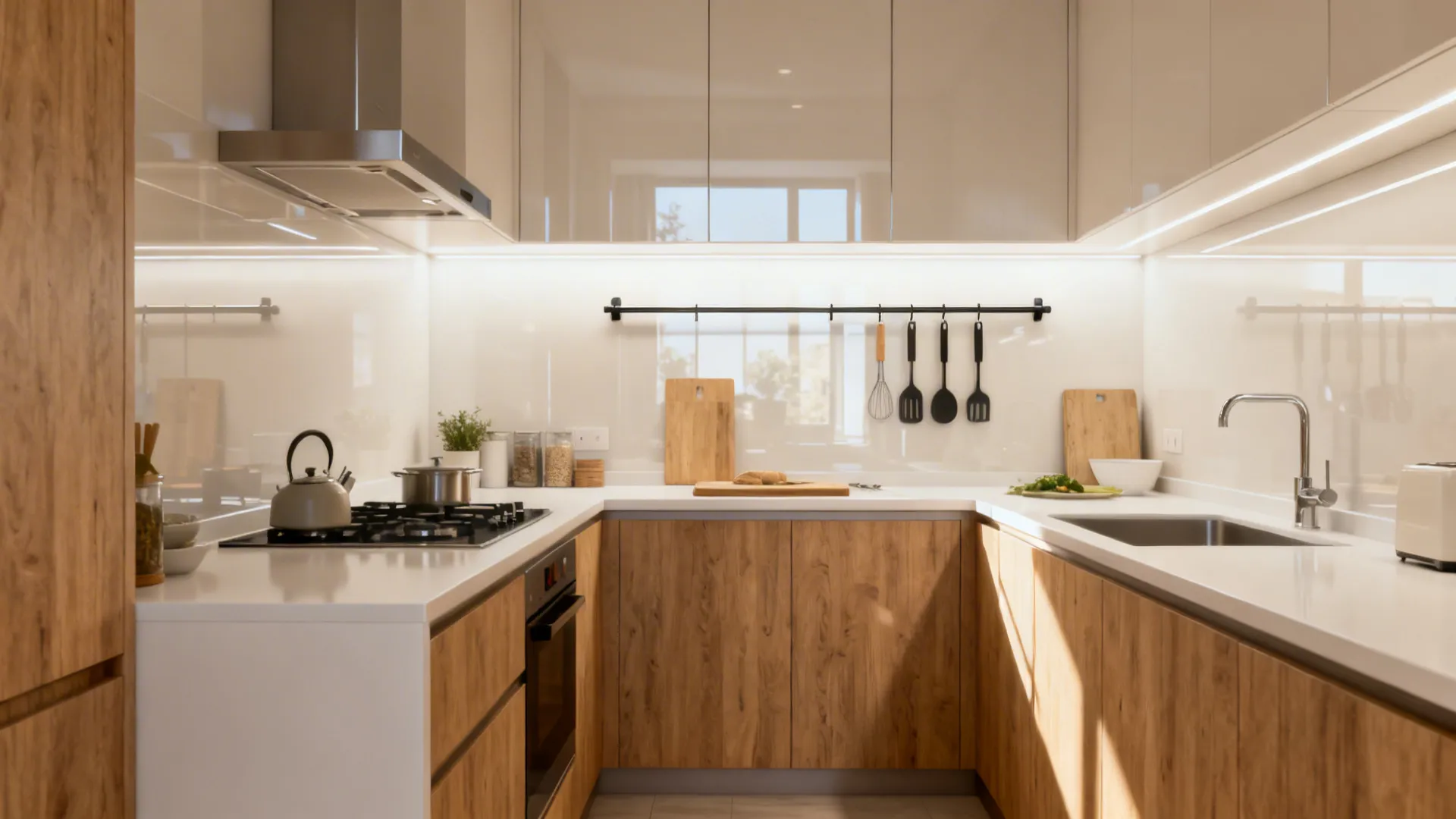 Compact kitchen with reflective slab and rail-organized tools for efficient workflow.