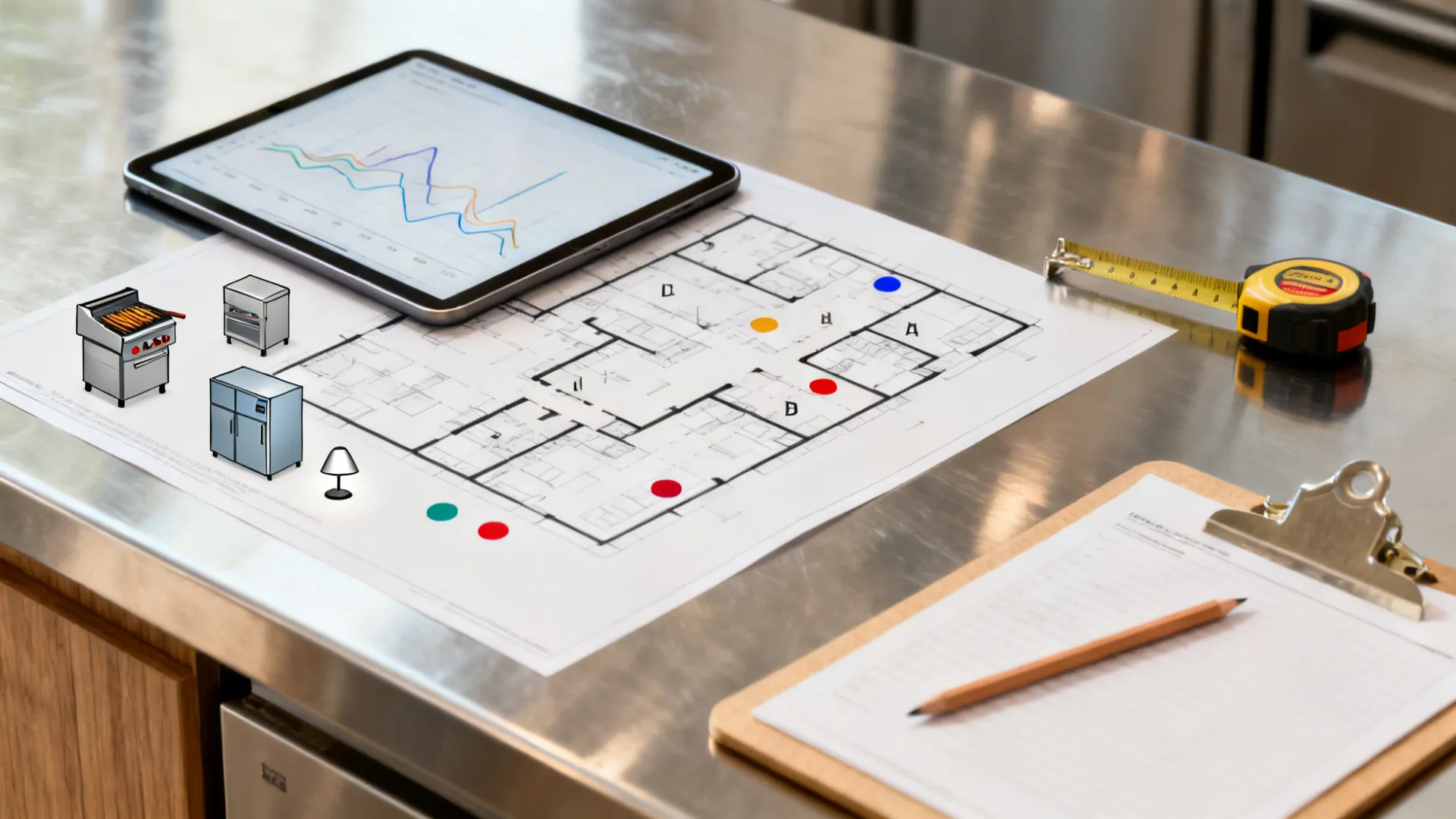 Flat lay of BOH planning with floor plan, tablet analytics, and equipment icons on stainless.