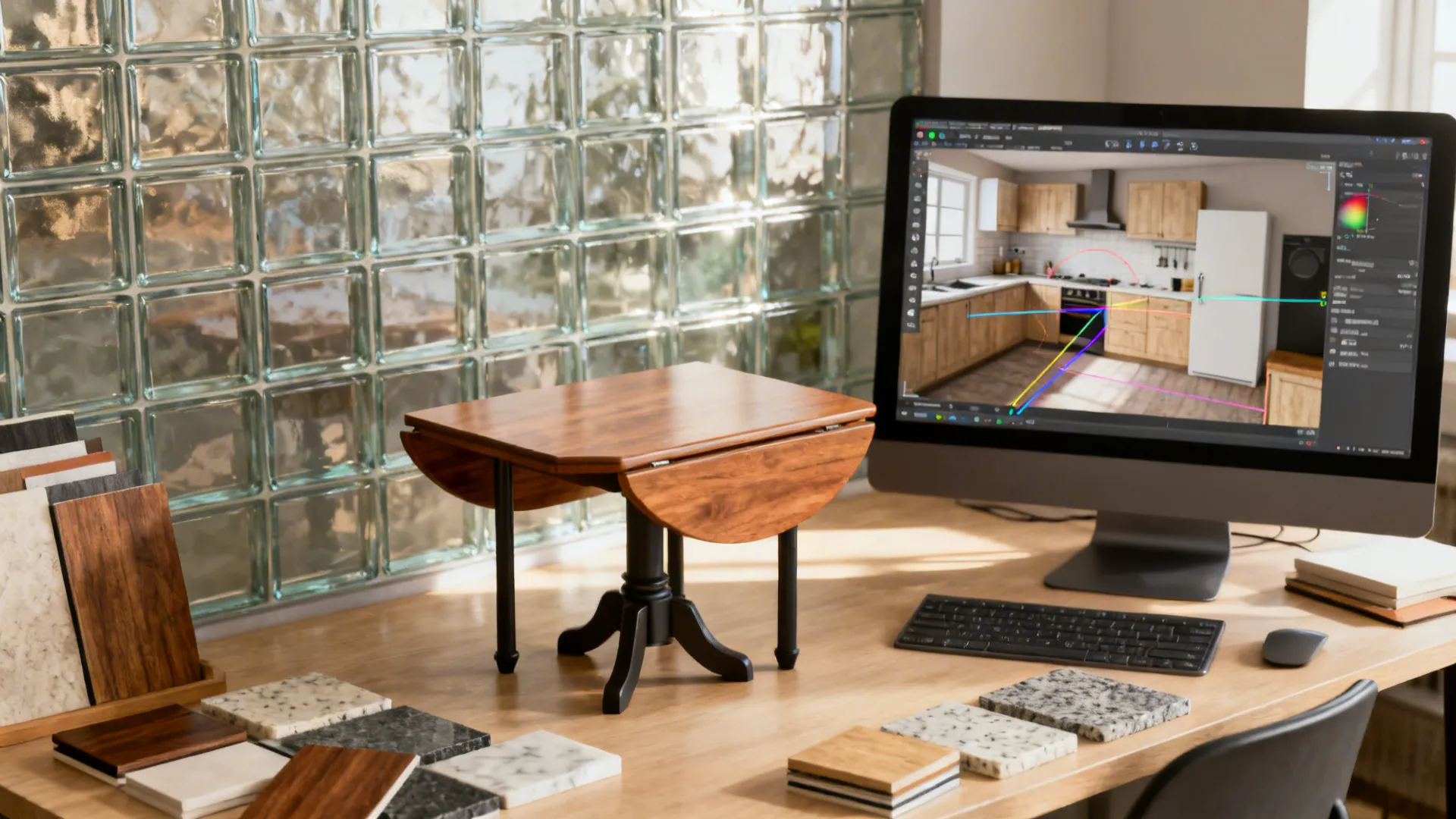 Designer testing small kitchen table layouts in a digital mock-up with material samples nearby.