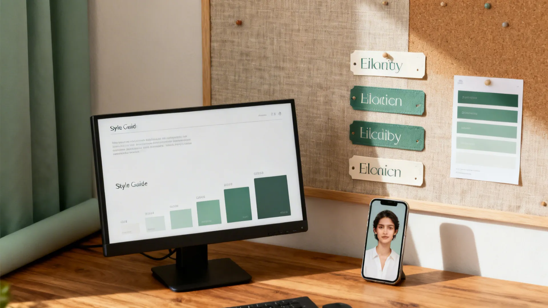 Studio scene with style guide on screen and printed labels plus a phone avatar.