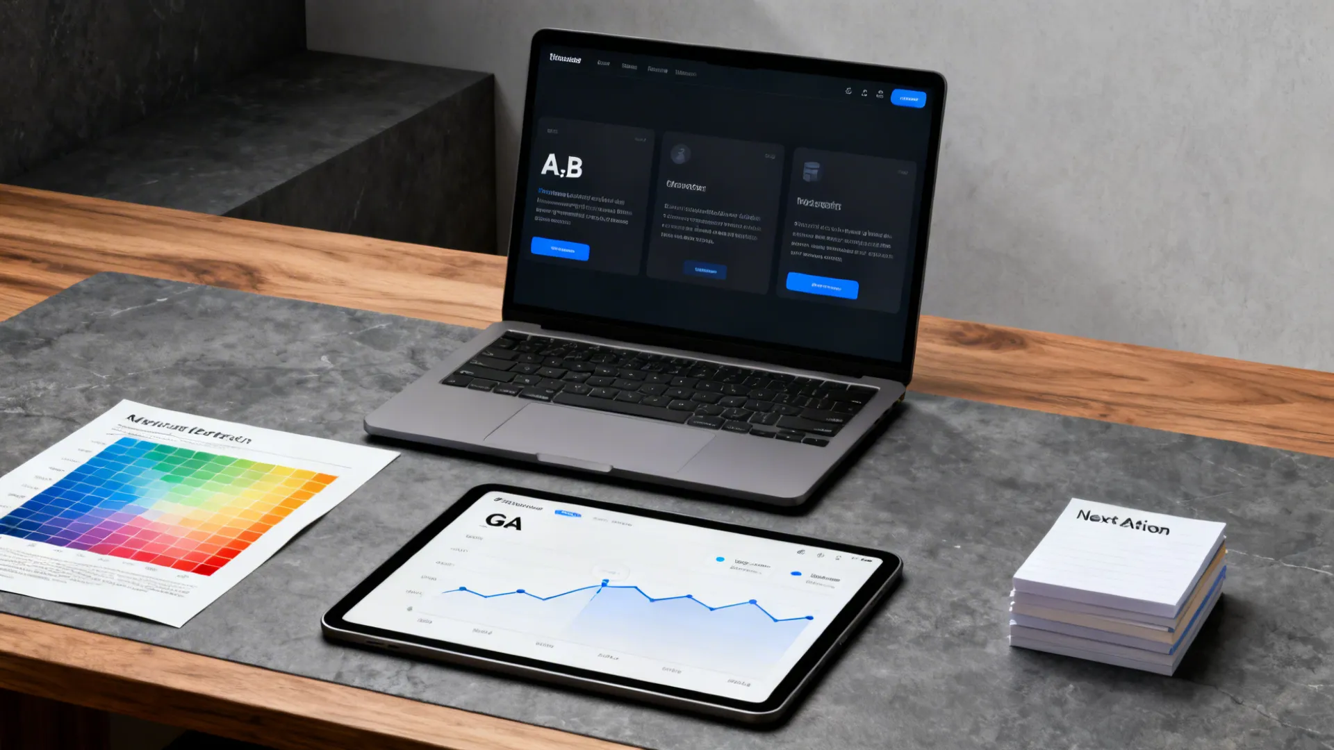 Desk with laptop testing microcopy, tablet analytics chart, and printed heatmap guiding next steps.